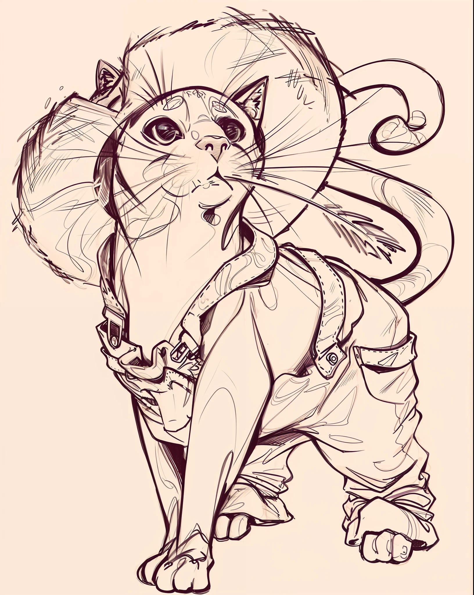 um desenho de um gato vestido como uma fazendeiro com um traje de fazendeiro  gato antro, um gato antro, anthropomorphic female cat, anthropomorphic cat, sketch illustration, Claire Wendling, Highly detailed sketch, linha estilizada, design do gato, old sketch, Sketch style, gato detalhado, detailed outline, conceito detalhado de corpo inteirogat