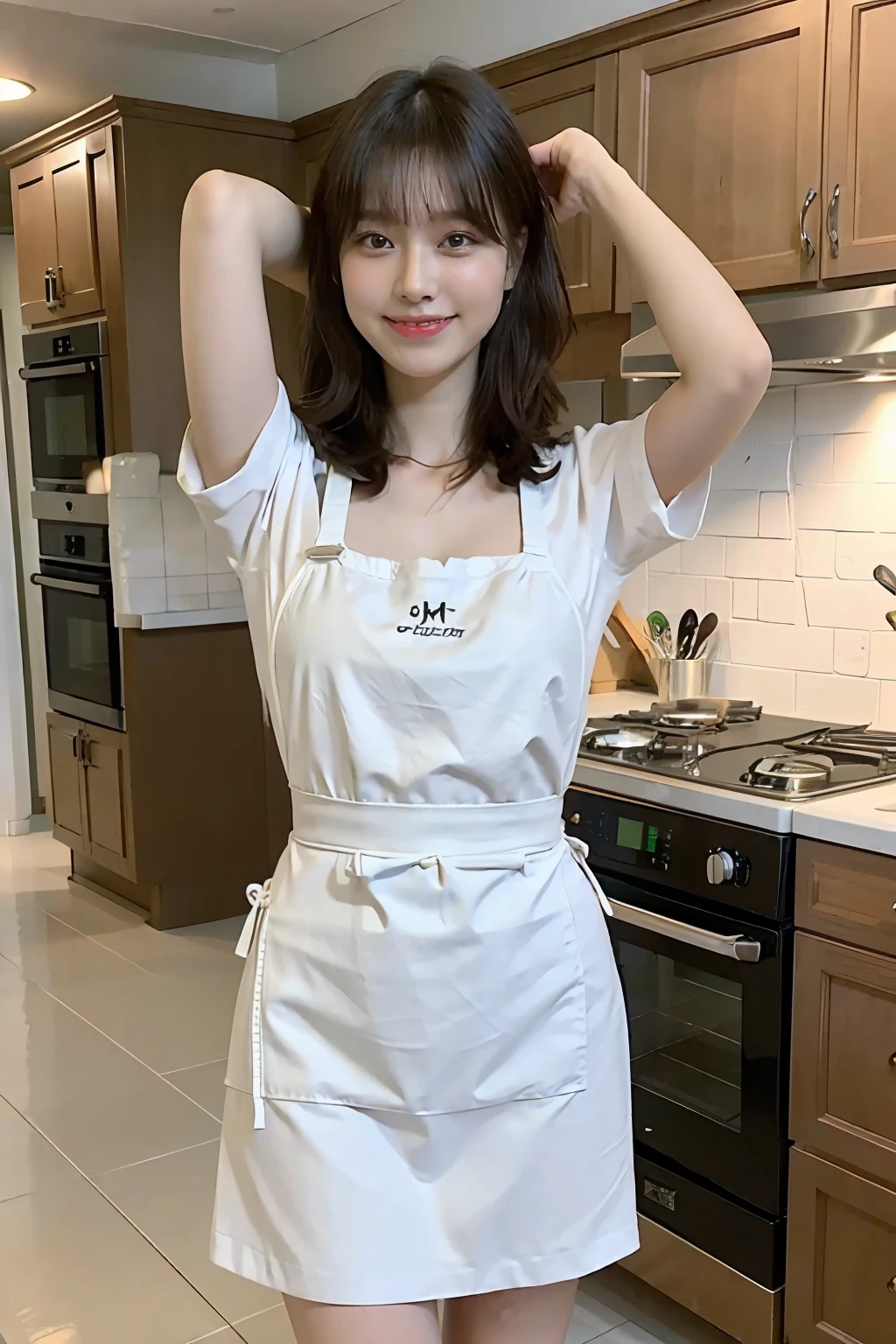 a woman is cooking、(kitchin_Apron:1.Wear 3)、Good Hand、4K、hight resolution、​masterpiece、top-quality、Cap:1.3、((Hasselblad photo))、Fine skin、foco nítido、(lighting like a movie)、Soft lighting、dynamic ungle、[:(详细的脸:1.2):0.2]、Medium chest、sweats streamed skin:1.2、(((In the kitchen))) A smile　Beautiful profile　Colossal tits　Beautiful body　Tying hair　Wide background々and a luxurious living room　Luxurious and luxurious living　Luxurious living room　Beautiful living room　Beautiful living room　A smile　an orange　lemons　A smile　Laughing　banana in　pineapple　Luxurious room　beautiful  lighting　Beautiful lighting　Very large room　very high image quality　very high res　8k Photos　Viewer's Perspective　Very gorgeous kitchen　Luxury Kitchen　　Millionaire Kitchen　Great kitchen　Luxury Kitchen　Luxury Illuminator　very wide々and kitchen　neat and beautiful　Classy and cute　Bra Apron　Standing　full bodyesbian　Full Body　laughing