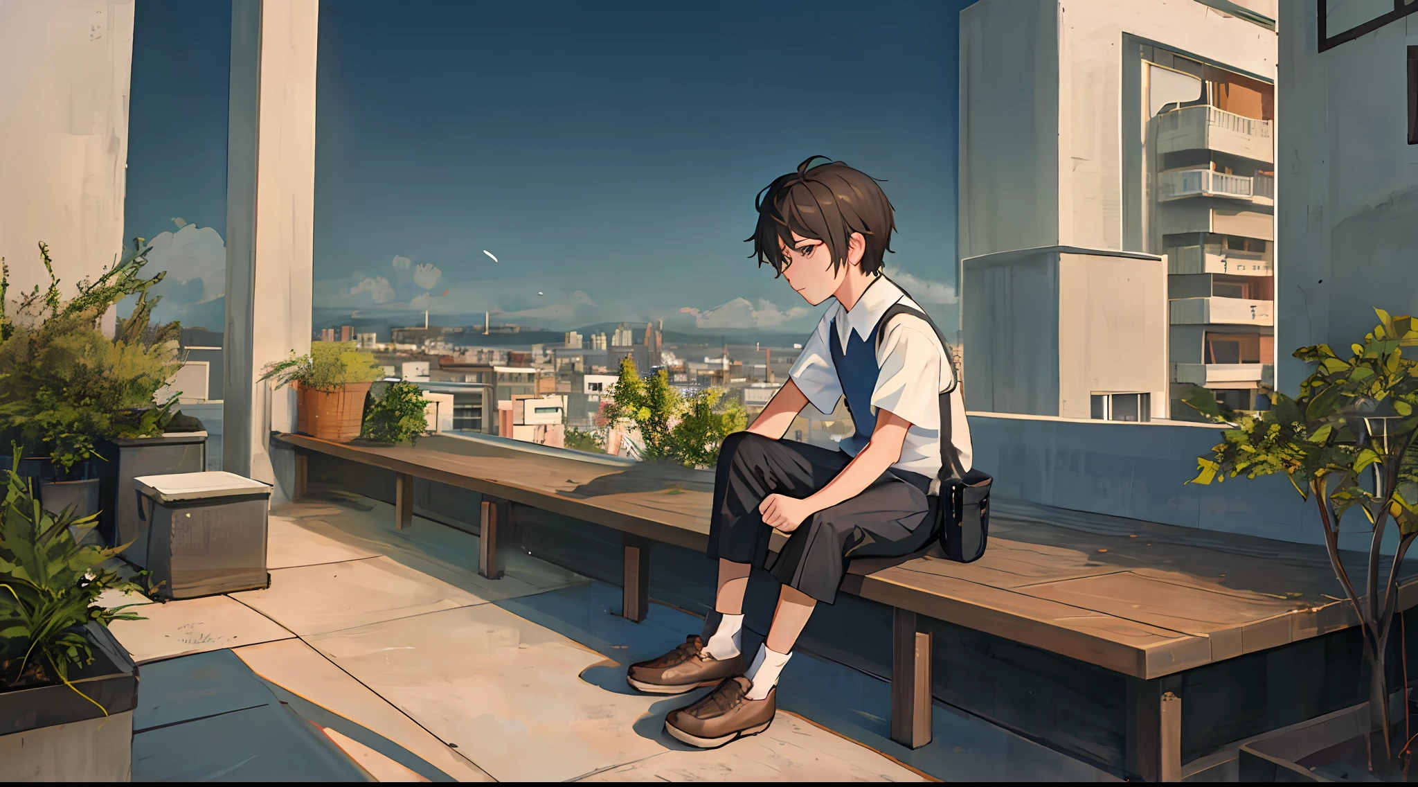 Handsome little boy(Cartoon feel)sitting on rooftop,looking at the distance(themoon)Grief and thinking about life(grieves)Depressed(There is a sense of picture)Good effect,Nice background and beautiful scenery,Pictures have colors