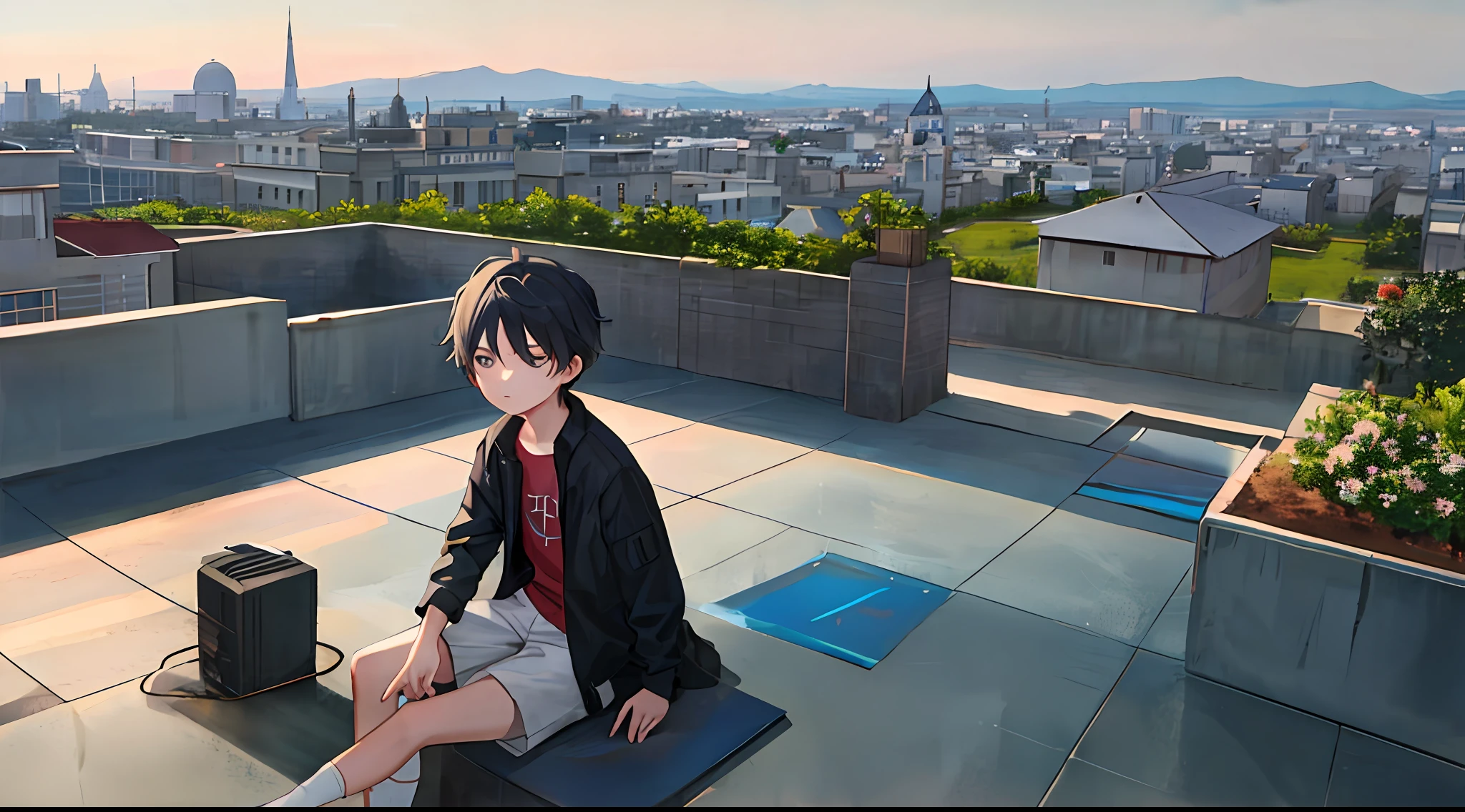 Handsome little boy(Cartoon feel)sitting on rooftop,looking at the distance(themoon)Grief and thinking about life(grieves)Depressed(There is a sense of picture)Good effect,Nice background and beautiful scenery,Pictures have colors