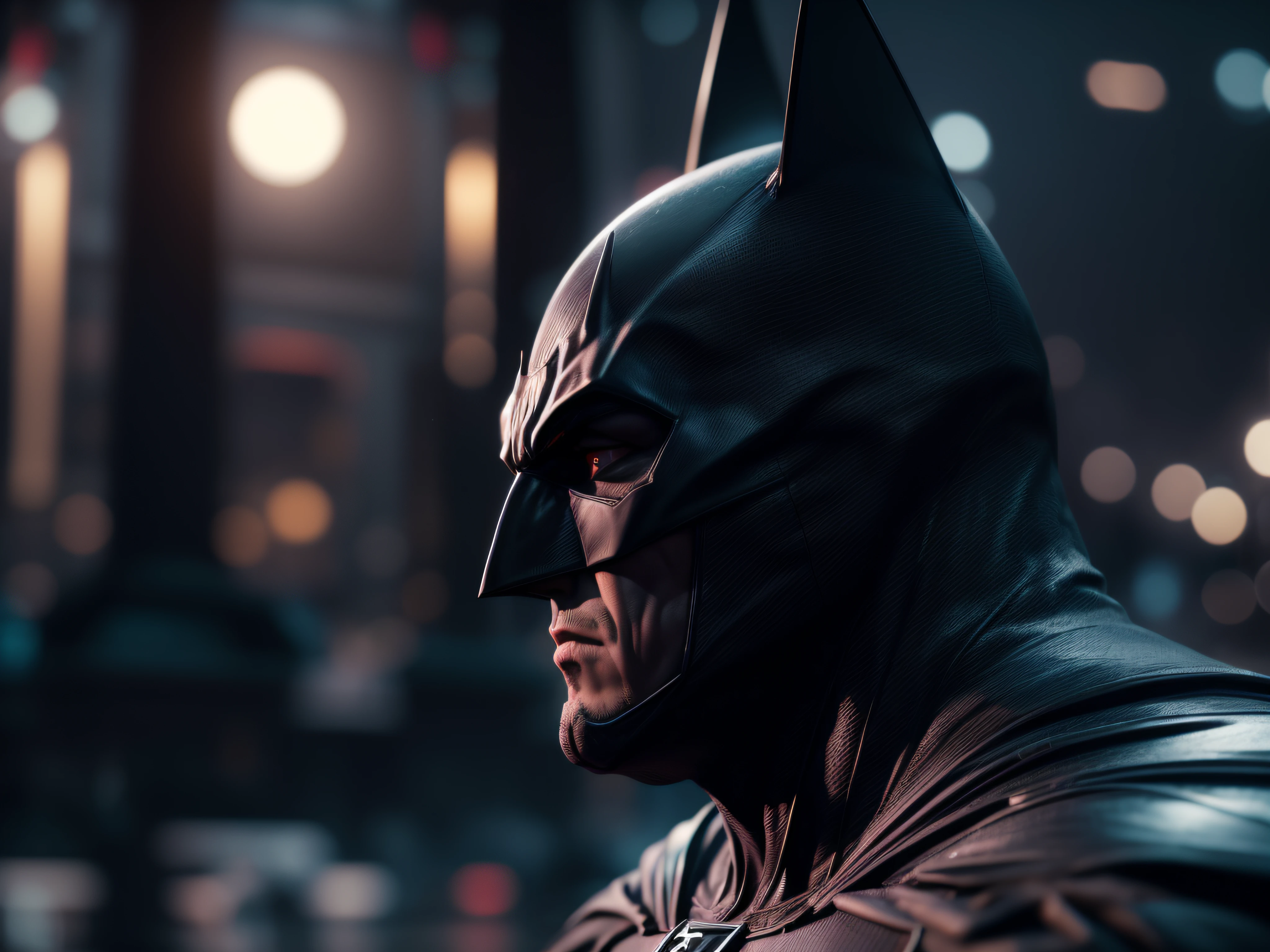 Close a powerful threat, The imposing appearance of the Batrman, menacing stare, ricamente detalhado, Hiper realista, 3D-rendering, obra-prima, NVIDIA, RTX, ray-traced, Bokeh, Night sky with a huge and beautiful full moon, estrelas brilhando,