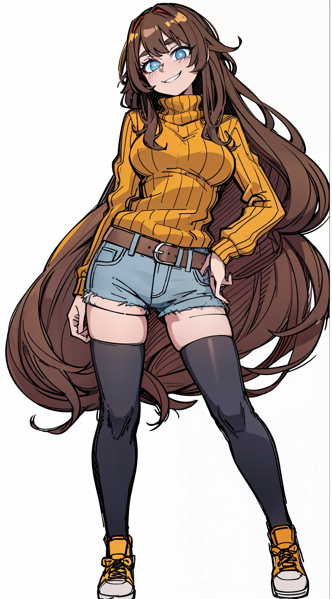 multicolored, long brown hair, blue aqua pupils, 1girl, cute, smug, smile, orange sweater, big breasts, thigh high, yellow shoe, blue denim short, belt