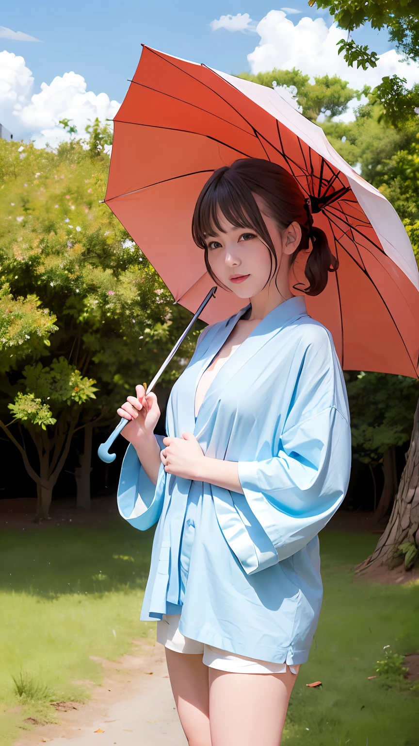 (8k, RAW photo, best quality, masterpiece:1.2), (realistic, photo-realistic:1.4), (extremely detailed CG unity 8k wallpaper), (1 girl:1.5), Japan style beauty, (Light blue clothes: 1.4), red spots on forehead, pale skin, blush, big eyes, half body, potrait, standing in the village, autumn, light blue kimono, kimono girl, omnyoji, kagura, ((holding an umbrella))