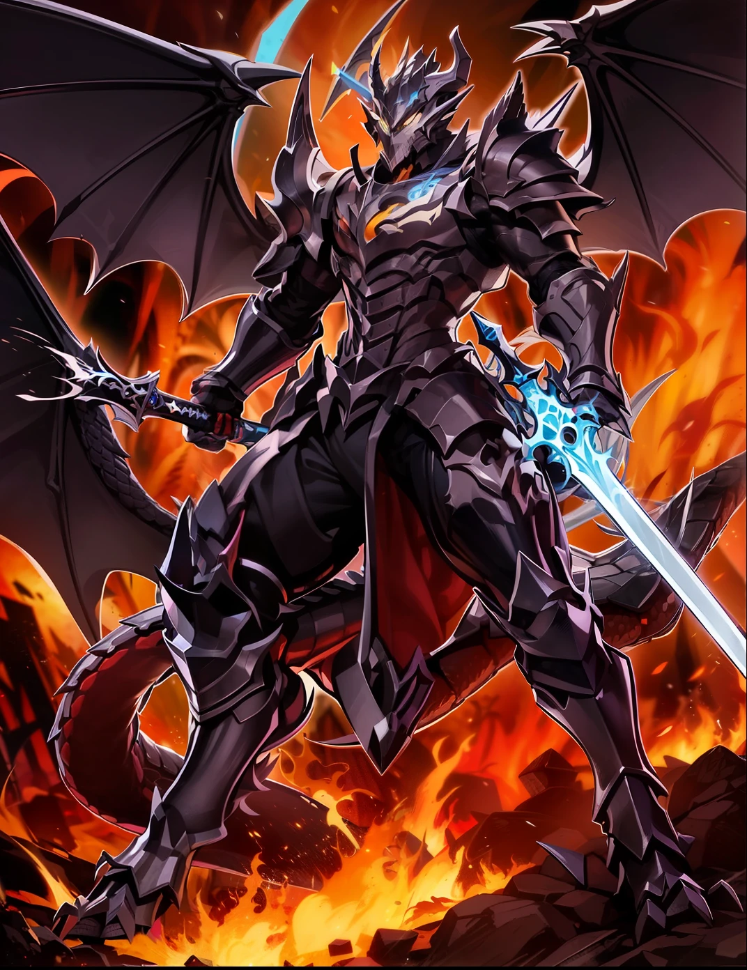 A dark grey dragon, wearing a dark grey armor with a lot of pieces and light blue details, full body armor, armor covering his entire body, dragon helmet, dragon head, dragon face, holding a sword with a radiant blue blade, 2 dragon legs, 2 dragon arms with dragon claws, 2 large dragon wings, surrounded by blue flames, standing, posing, showcasing his sword, 8k