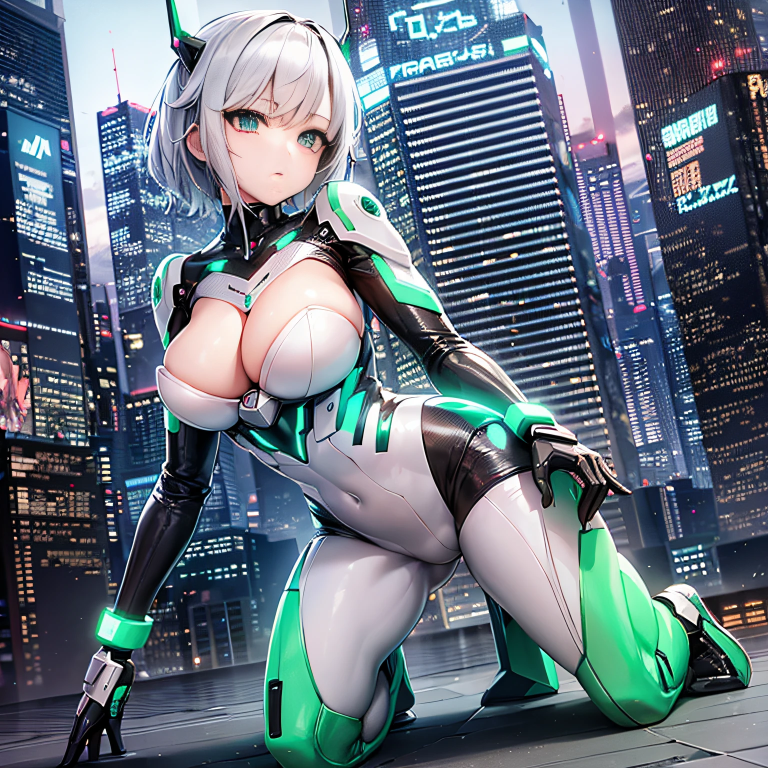 realisitic、tits out、Cyberpunk、cleavage of the breast、Beautifully shaped breasts、Raw feet、Beautiful legs、Overexposed、Cyber City、natta、nightcity、((top-quality)), ((masterpiece)), (high-detail:1.3), 3D, Beautiful fece、mechanical suit、Near Future Cyber Suit、Green White Cyber Suit、Green and white robot costume、silber hair、Silver-haired shortcut、all-fours、