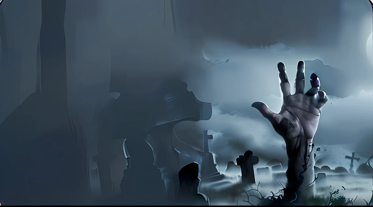 Hand held out from a grave in a cemetery, zombie coming out of a tomb, graveyard background, fundo de pressentimento, Dark cemetery scene, fundo assustador, fundo assombrado, Vale do fundo maldito, arte de fundo, cemetery landscape, atmosfera assustadora e assustadora, arm reaching out of thick fog, creepy and dramatic atmosphere, eerie nostalgic concept art