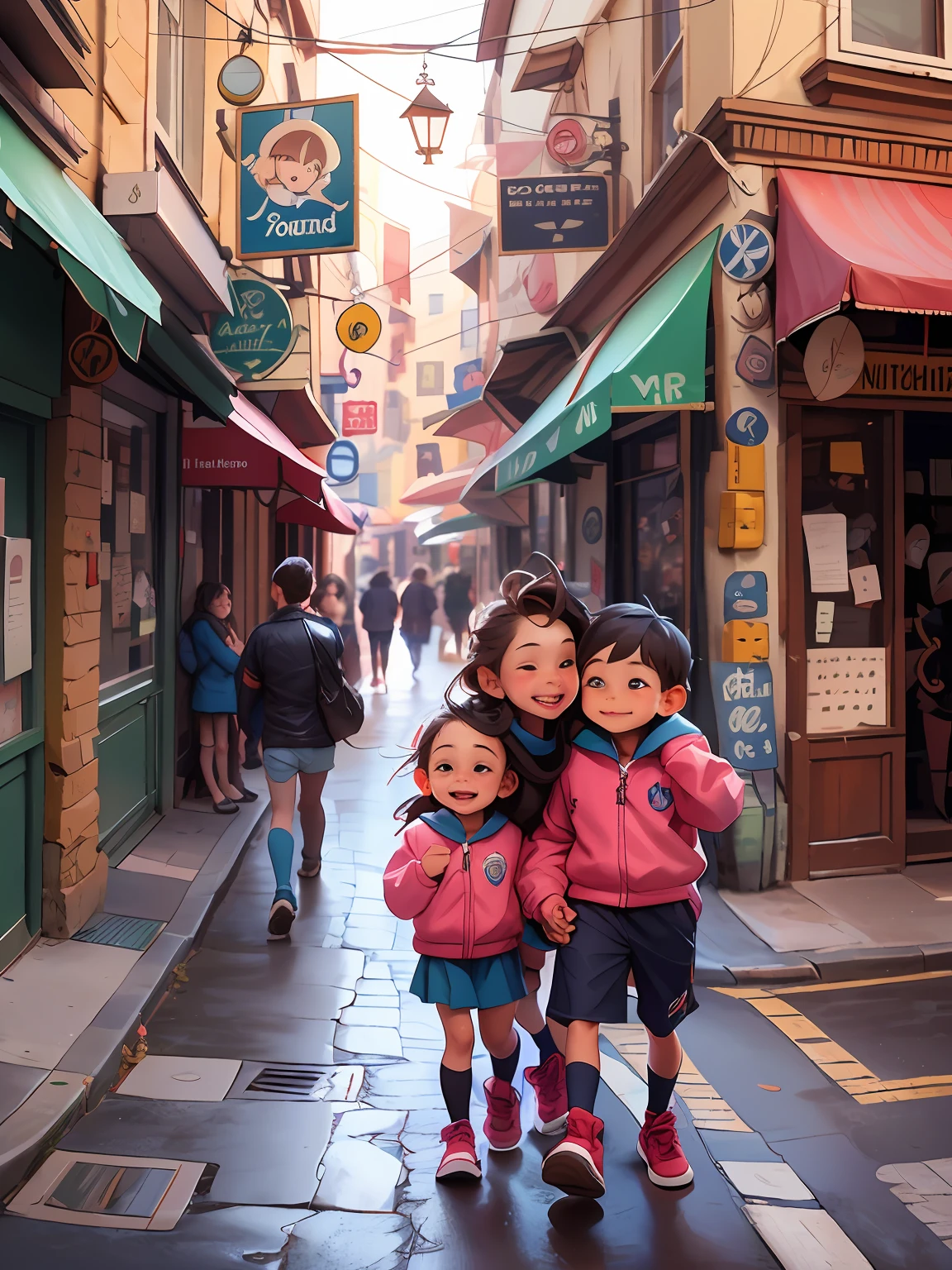 de 6 anos, cabelos castanhos, bonito, usa uniforme da escola, hugs a pole with the Nonivar Street sign, other children and adults walk down the same street