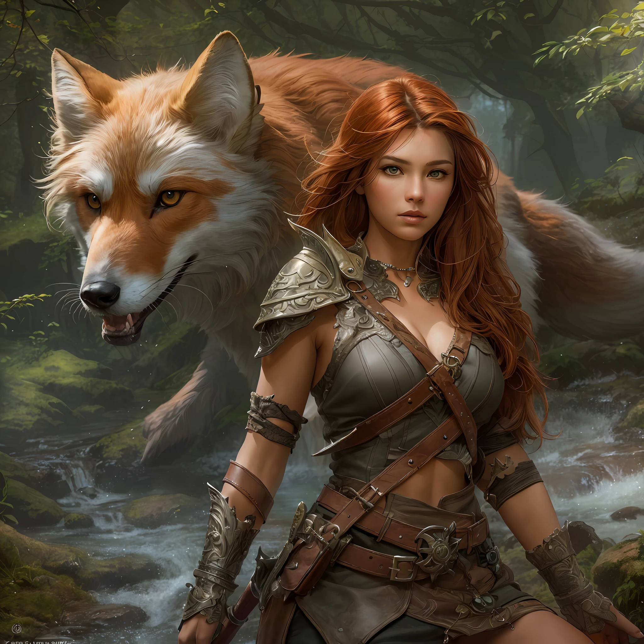 high details, best quality, 8k, [ultra detailed], masterpiece, best quality, (extremely detailed), dynamic angle, ultra wide shot, RAW, photorealistic, fantasy art, dnd art, rpg art, realistic art, a wide angle picture of a female human ranger and her pet fox, warrior of nature, fighter of nature, full body, [[anatomically correct]]. dynamic position (1.5 intricate details, Masterpiece, best quality) talking to a fox (1.6 intricate details, Masterpiece, best quality) in forest (1.5 intricate details, Masterpiece, best quality), a female  wearing leather clothes (1.4 intricate details, Masterpiece, best quality), leather boots, thick hair, long hair, red hair, fair skin intense eyes, forest  background (intense details), a stream flowing in the backgraound (1.4 intricate details, Masterpiece, best quality), dawn light, clouds (1.4 intricate details, Masterpiece, best quality), dynamic angle, (1.4 intricate details, Masterpiece, best quality) 3D rendering, high details, best quality, highres, ultra wide angle