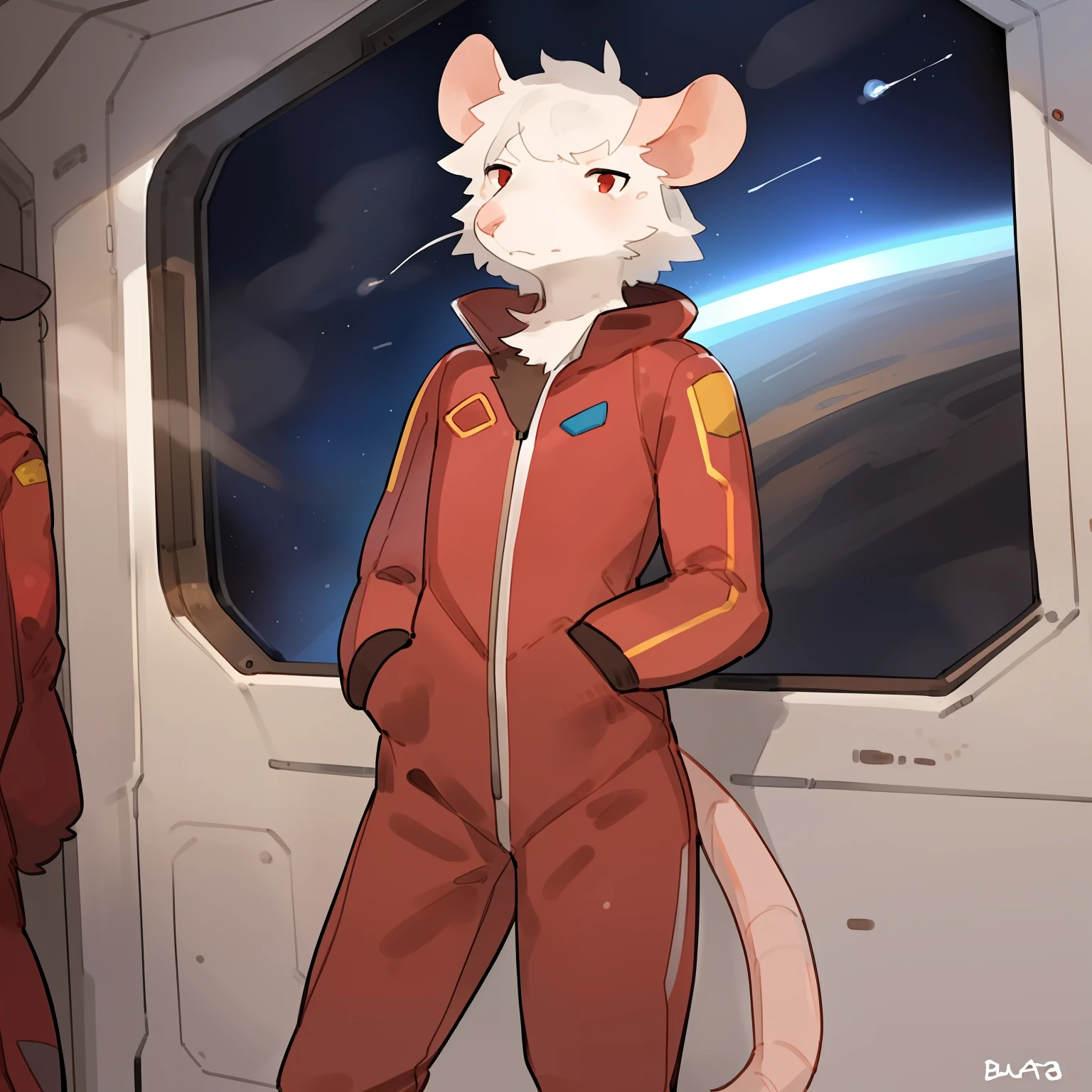 Solo, male, standing, space, spaceship, window, (((rat))), pink nose, short hair, white hair, skrunkly, stinky, smelly, crooked whiskers, messy fur, dirty fur, messy hair, (((by bebebebebe, by buta99))), red (((spacesuit))), slim, skinny, short, small, weak, pathetic, flimsy, white fur, albino, albinism, red eyes