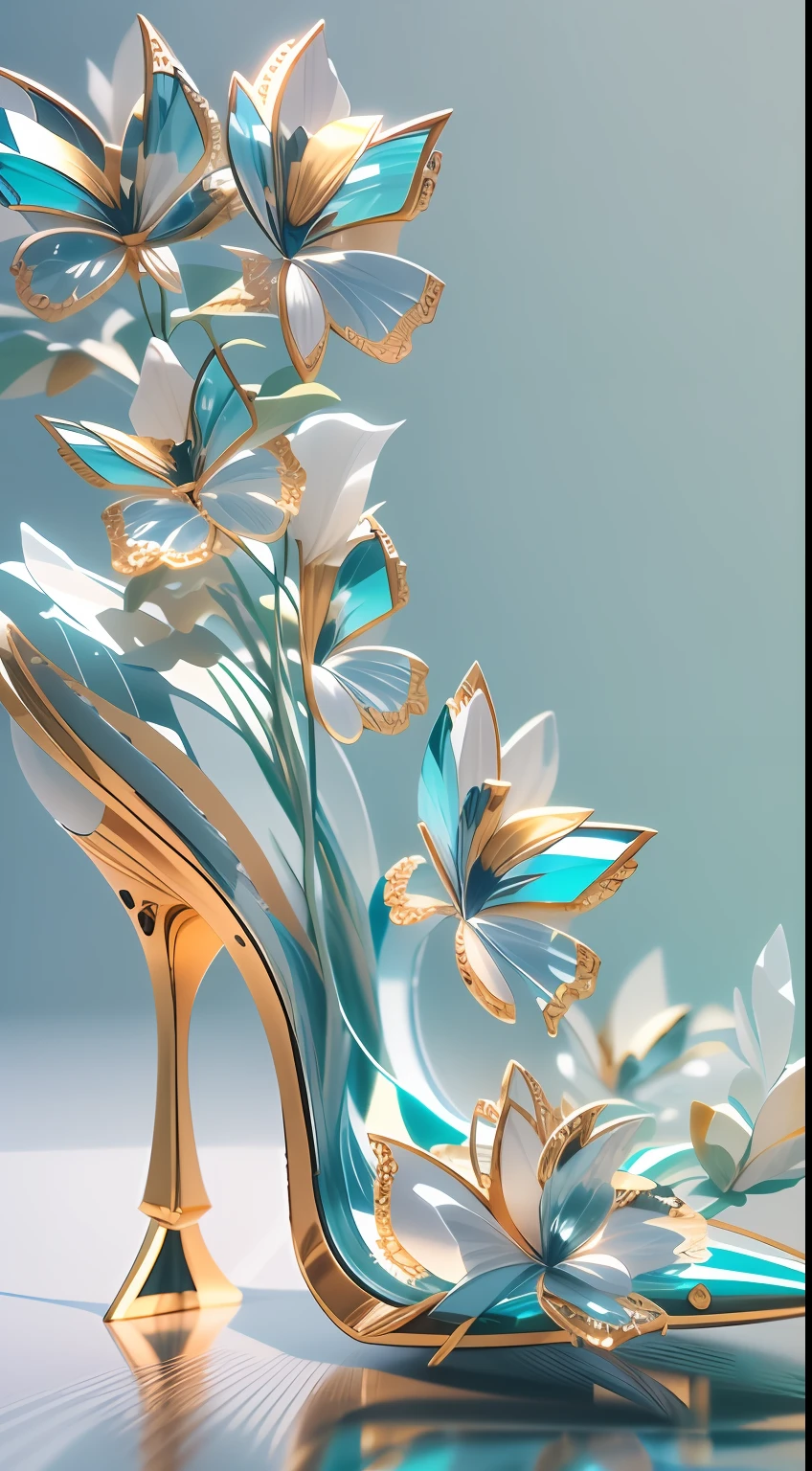 A pair of crystal heels,Complicated details,diamond,Sparkling, fanciful, cleanness, crystal-clear, Gorgeous and colorful, butterflys,florals,Amazing photography, dramatic lighting, photo-realism, super-fine,Ultra photo realsisim,8k, depth of fields, A high resolution,The toe of the shoe faces the camera,Screen Living,3D,C4D,octaneratingrendering,super high image quality