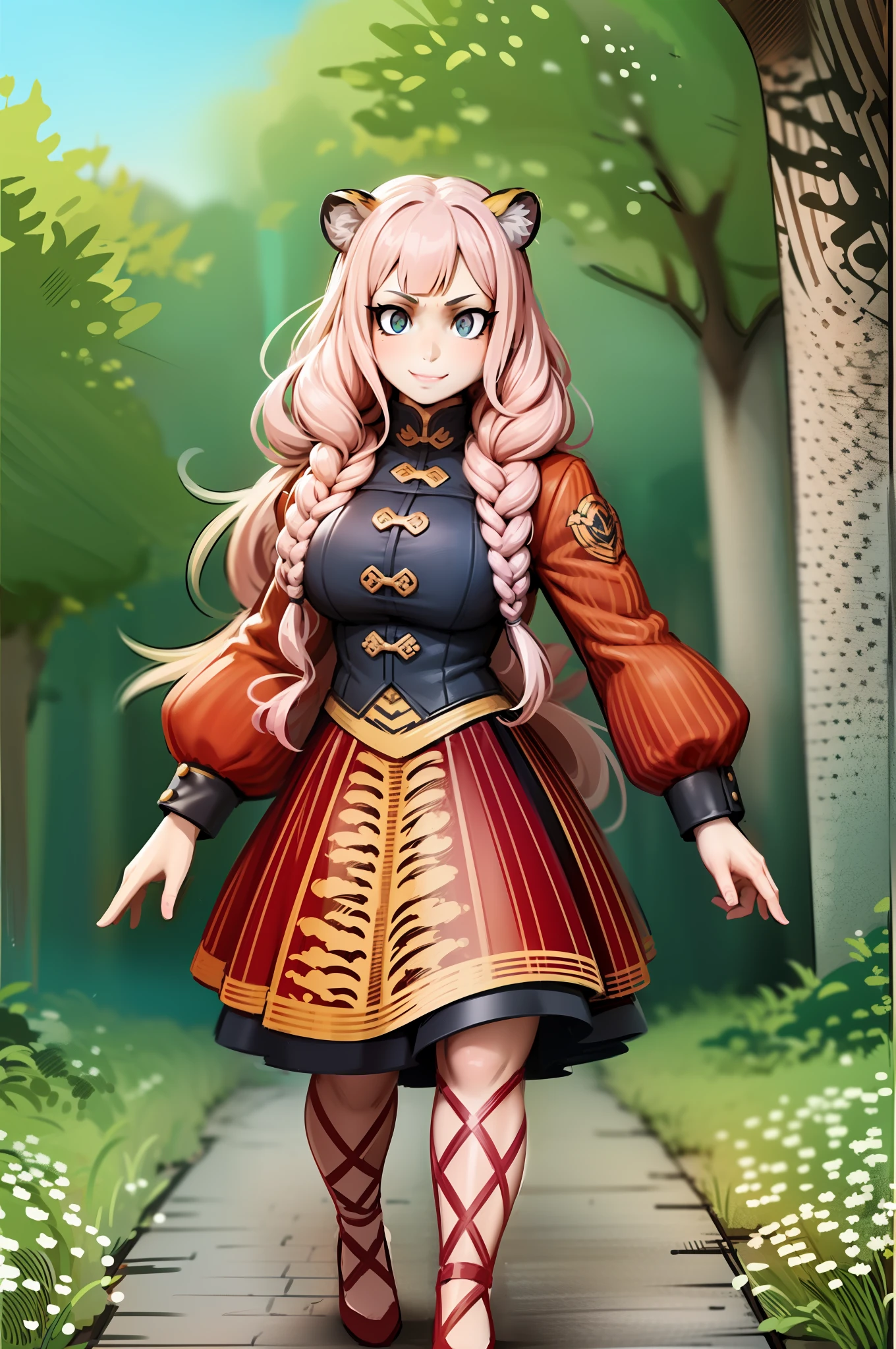 little girl, tiger ears, tiger tails, martial art, medium chest, pink hair, skirt, jacket, godess,1girl,coat,walking, solo focus.1character, holy catholic mountain,alone, full body, long skirt, smug smile, long skirt, victorian cloths, forest, portrait