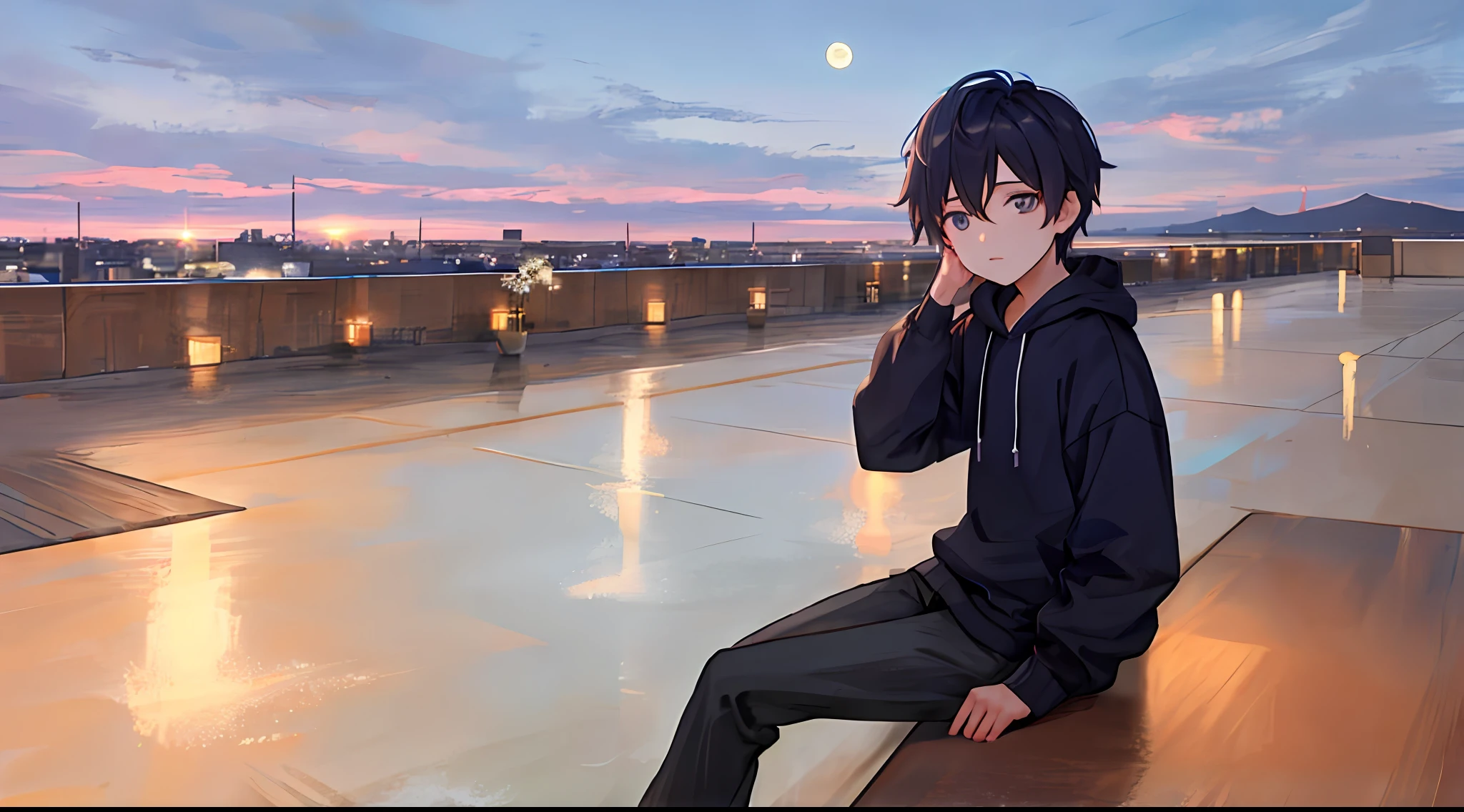 Handsome boy in sweatshirt(Cartoon feel)Sit on the roof,looking at the distance(themoon)(Clouds, blue sky, sunset)Grief and thinking about life(grieves)Depressed(There is a sense of picture)Good effect,Nice background and beautiful scenery,Pictures have colors