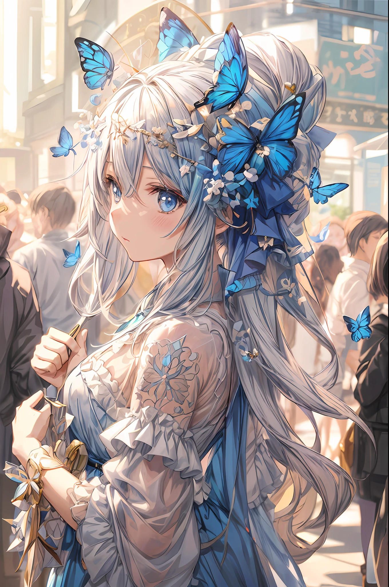 anime girl with blue butterflies in her hair and a blue dress, kawacy, beautiful anime woman, beautiful anime art, trending on artstation pixiv, beautiful anime girl, anime goddess, clean detailed anime art, beautiful anime portrait, beautiful anime, beautiful anime artwork, detailed digital anime art, detailed anime art, beautiful fantasy anime, detailed anime artwork
