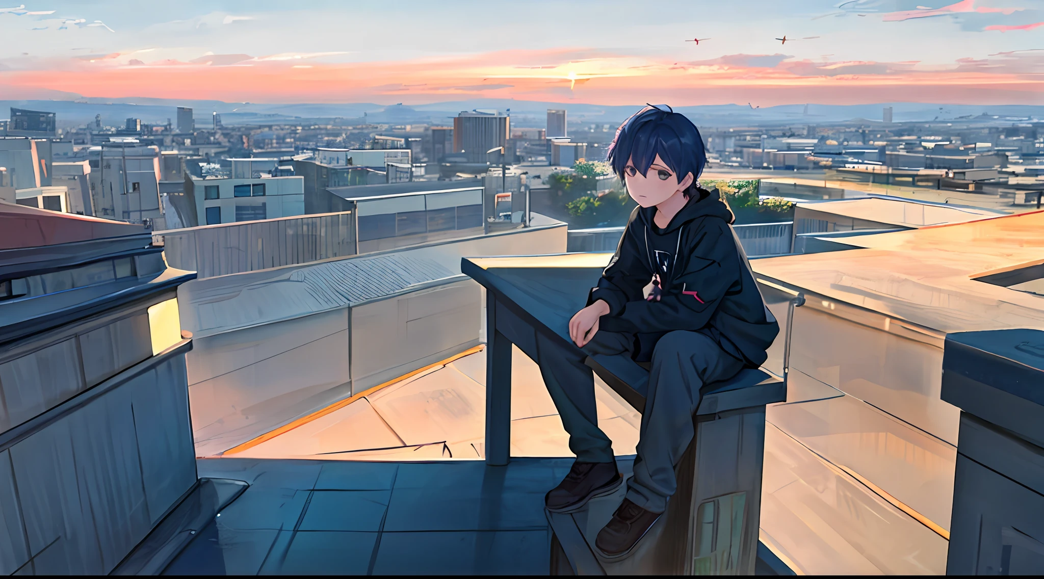 Handsome little boy in sweatshirt（Cartoon feel）Sit on the roof，looking at the distance（themoon）（Clouds, blue sky, sunset）Grief and thinking about life（grieves）Depressed（There is a sense of picture）Good effect，Nice background and beautiful scenery，Pictures have colors