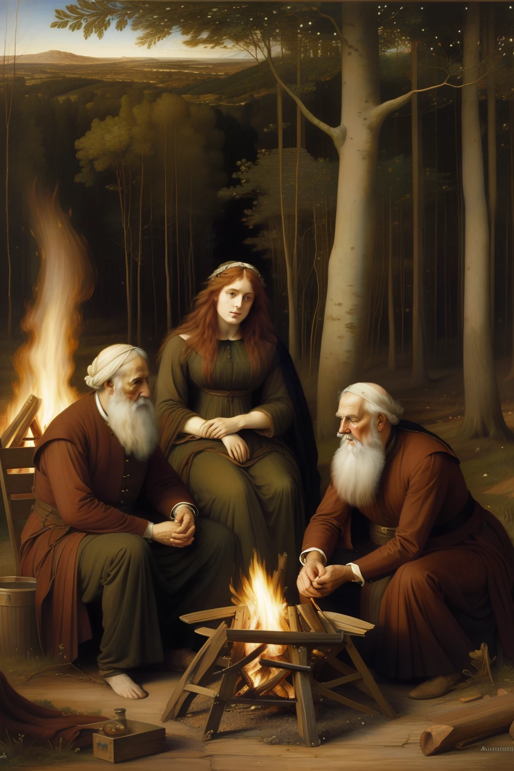 (((Pre-Raphaelite painting))) Three old men in front of a campfire, inverno, Ramos de azevinho, celtic.
