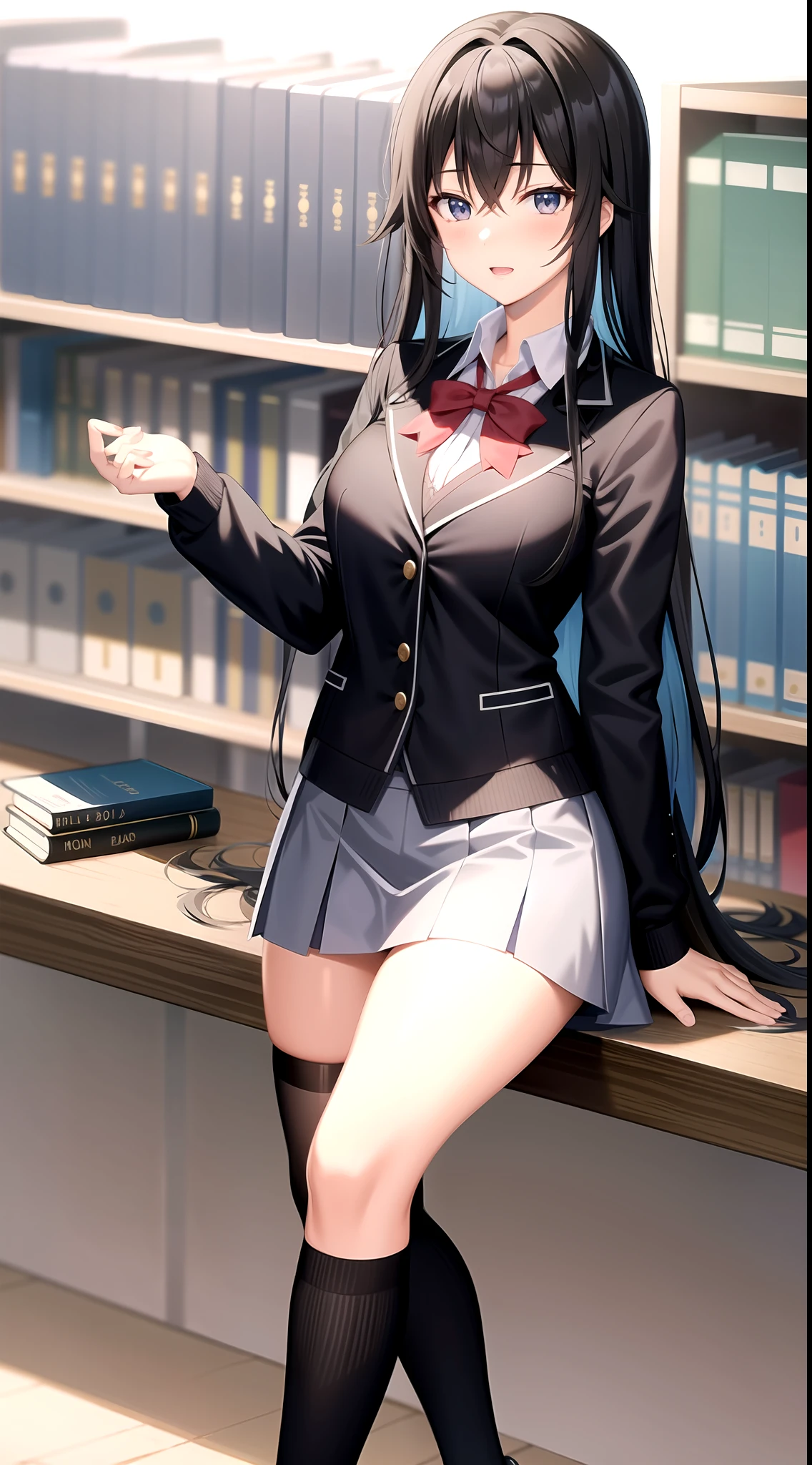 Yukino yukinoshita, long hair, cleavage, navel, slim legs, black hair, blue eyes, short skirt, thigh high socks, , happy, school uniform, library