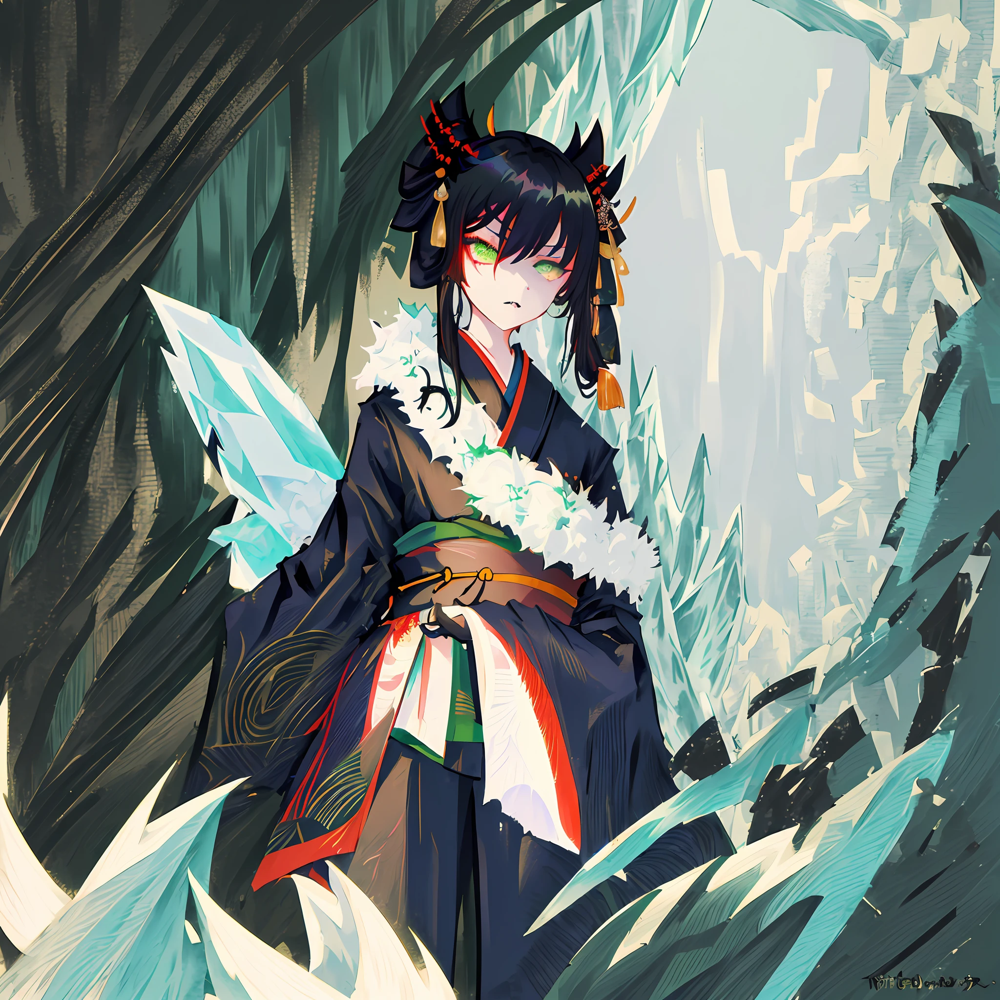tmasterpiece, Top Quality, Ultra-detailed illustration, The details are great, a closeup of a, Direct photo, (1 girl:1.2), Green Eye, portraite of a, (Black kimono:1.2), (Evil Look:1.3), (ice:1.3), (White Katana:1.2),