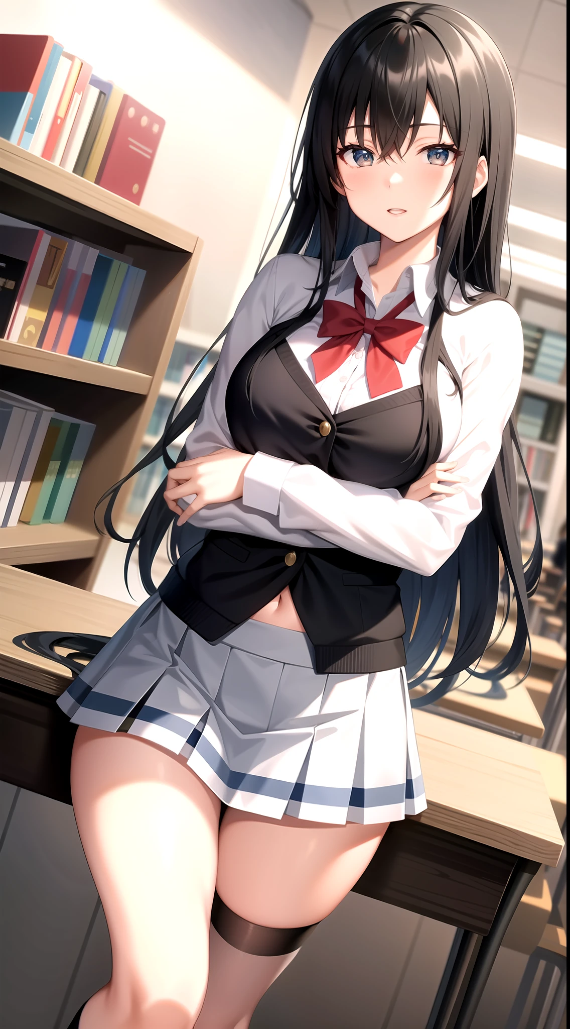Yukino yukinoshita, long hair, cleavage, navel, slim legs, black hair, blue eyes, short skirt, thigh high socks, , happy, school uniform, library