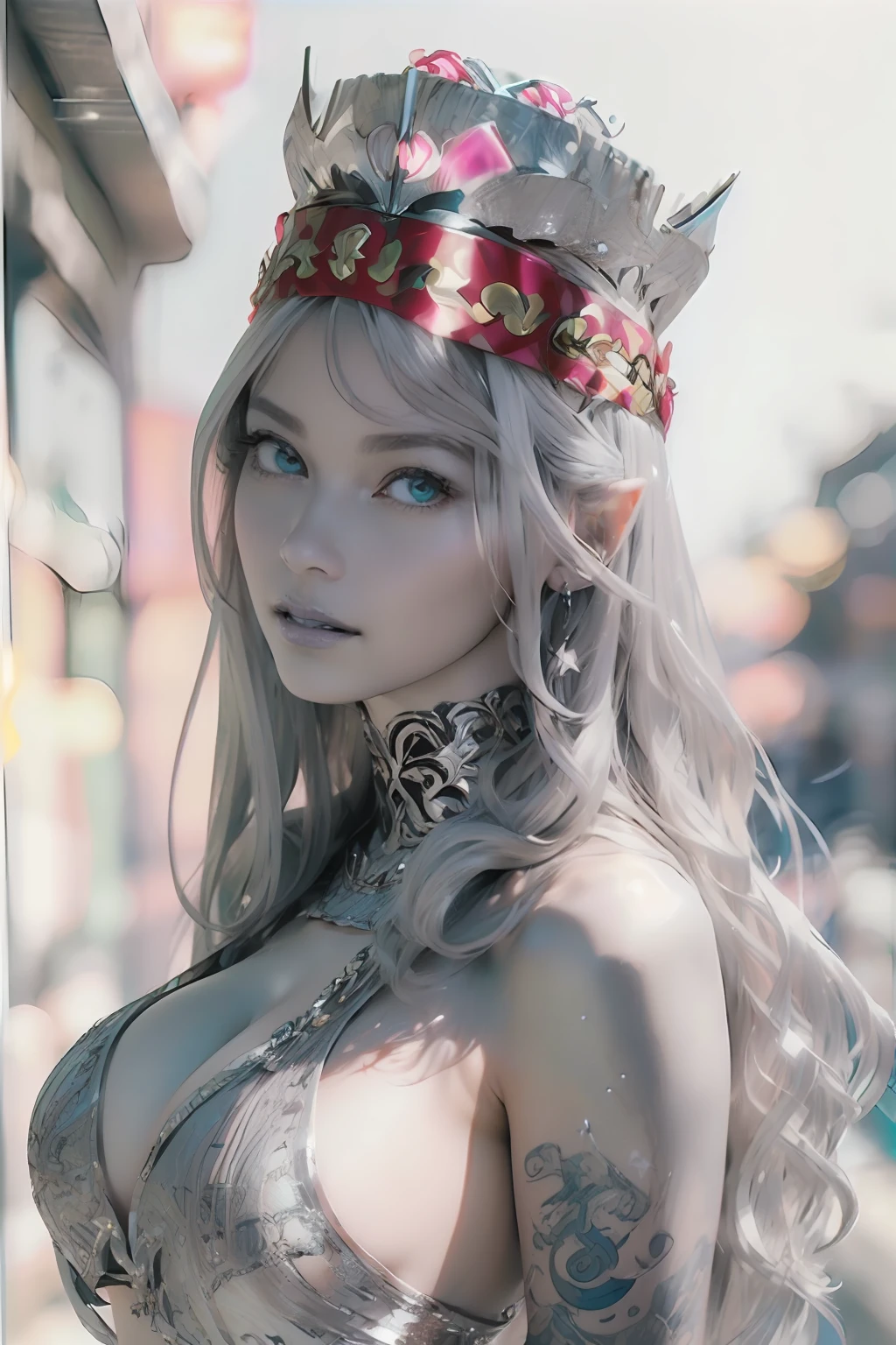 Ultra-detailed complex 3D rendering of the face, (masterpiece, top quality, octane rendering,), glamour shots full body image, very beautiful young elves, cleavage, (highly detailed skin: 1.2), (exposure: 1.1), ((blue micro bikini: 1.95)))). , 8k, (((very soft breasts)), (((conspicuous large pink areola)), beautiful Caucasian woman with white skin with full soft breasts with big buttocks, one, long braided hair, big breasts, dynamic angles, (((huge breasts: 2.4)), ultra-realistic photos, ((((((silver hair)))), futuristic urban background, facial muscles, (((((detailed and glamorous silver crown)))), In the style of Marvel Comics, ArtStation Trends, Clear Focus, Intricate Details, Very Detailed, Detailed Green Eyes, Sharp Focus, Digital Rendering, Professional, Abs, Lip Gloss, Glossy Skin, Sexy Pose, Golden Tattoo All Over Body, Silver Pattern All Over Body, Silver Lame Skin, Gold Glitter Skin, Mansuji, Buttocks, Jeweled All Over the Body, with silver scales, silver hair,