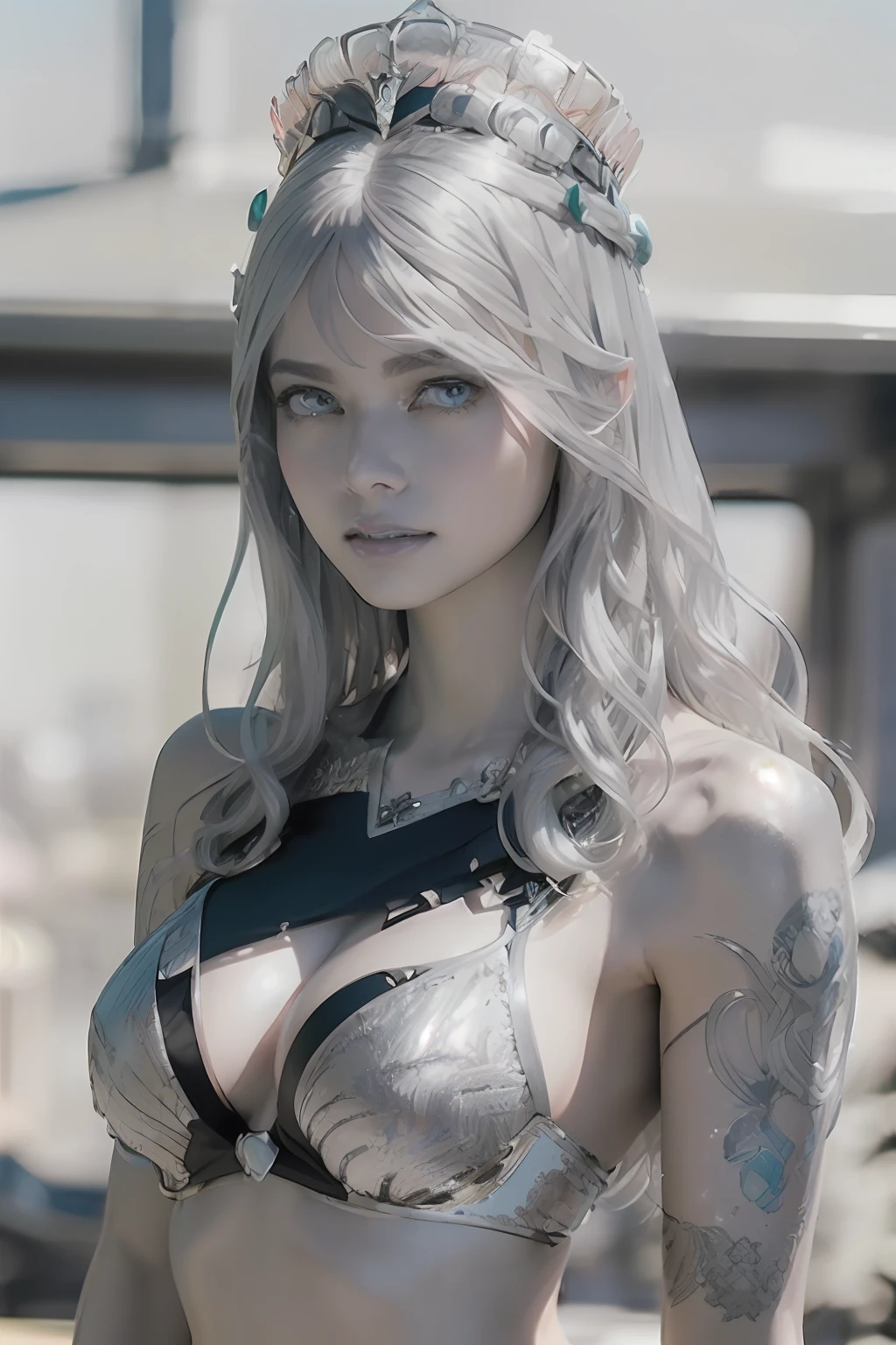 Ultra-detailed complex 3D rendering of the face, (masterpiece, top quality, octane rendering,), glamour shots full body image, very beautiful young elves, cleavage, (highly detailed skin: 1.2), (exposure: 1.1), ((blue micro bikini: 1.95)))). , 8k, (((very soft breasts)), (((conspicuous large pink areola)), beautiful Caucasian woman with white skin with full soft breasts with big buttocks, one, long braided hair, big breasts, dynamic angles, (((huge breasts: 2.4)), ultra-realistic photos, ((((((silver hair)))), futuristic urban background, facial muscles, (((((detailed and glamorous silver crown)))), In the style of Marvel Comics, ArtStation Trends, Clear Focus, Intricate Details, Very Detailed, Detailed Green Eyes, Sharp Focus, Digital Rendering, Professional, Abs, Lip Gloss, Glossy Skin, Sexy Pose, Golden Tattoo All Over Body, Silver Pattern All Over Body, Silver Lame Skin, Gold Glitter Skin, Mansuji, Buttocks, Jeweled All Over the Body, with silver scales, silver hair,