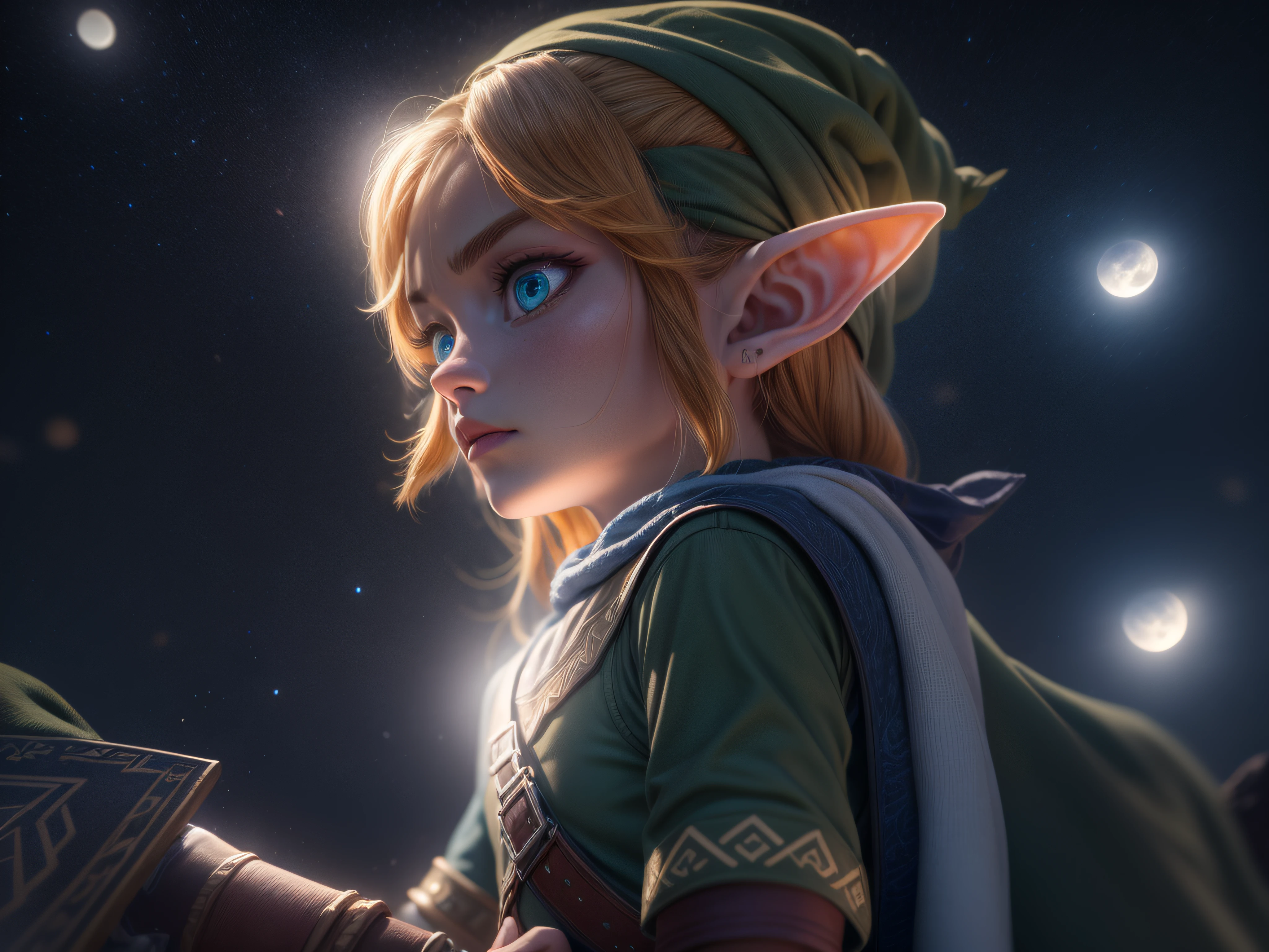 A aparência imponente de Link do game the legend of zelda, menacing stare, ricamente detalhado, Hiper realista, 3D-rendering, obra-prima, NVIDIA, RTX, ray-traced, Bokeh, Night sky with a huge and beautiful full moon, estrelas brilhando,