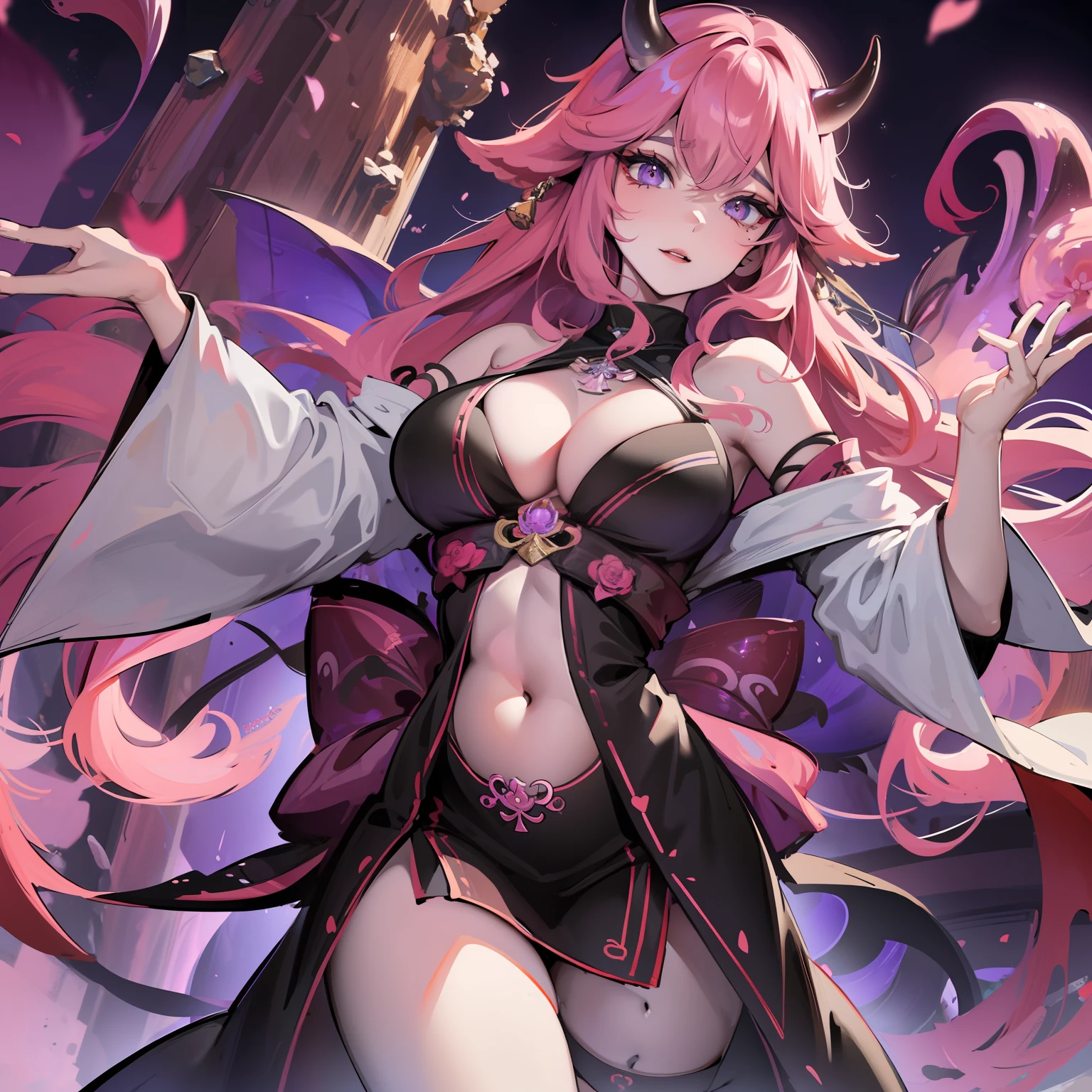 A female demon milf with black demon horn with wet dress no espaço, vestido transparente molhando, belly belly button visible,  belly visible, ((demon horn)), cabelo de rapunzel cor-de-rosa extremamente longo, ((Cabelo de rapunzel cor-de-rosa)), White eyes of the demon, ((olhos brancos)), corpo volumoso com ????? e busto enormes, ((seio e busto enormes)), olhar perverso e vazio sem brilho nos olhos olhando para o espectador, proeminentemente em suas pernas e ?????;, destaque nos ????? e no cabelo, Pose ????, Pose sexualizada, agarrando os ????? ;, Moda realista, sysie high definition details, fotografia, perspicacity, unique 850 4, Koda850 k portrait camera, Primavera F1.6, cores ricas, Textura super realista, textura de luz espetacular, arte surreal, Cinestil 800 mecanismo de moda.