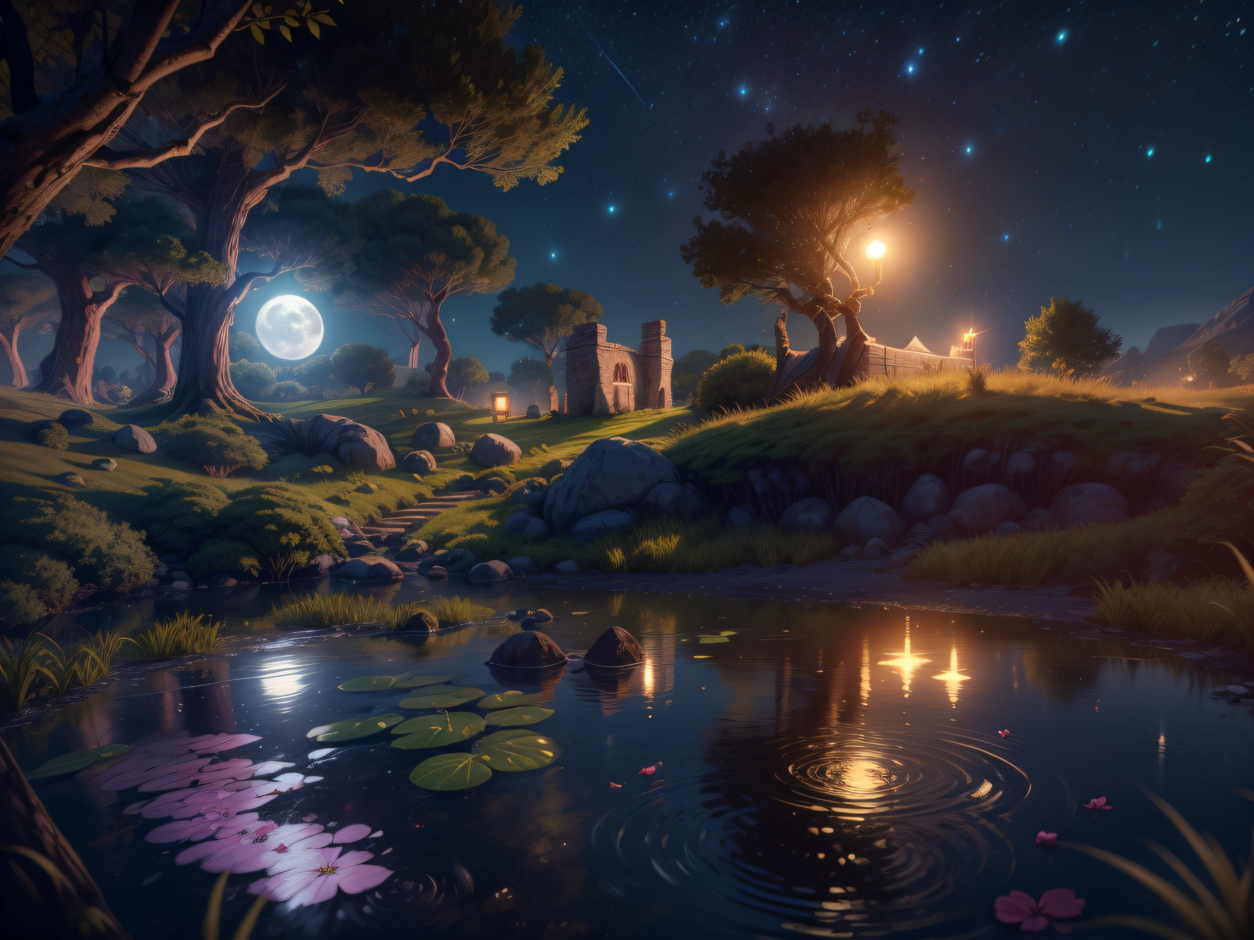 A aparência imponente de Link do game the legend of zelda, menacing stare, ricamente detalhado, Hiper realista, 3D-rendering, obra-prima, NVIDIA, RTX, ray-traced, Bokeh, Night sky with a huge and beautiful full moon, estrelas brilhando,