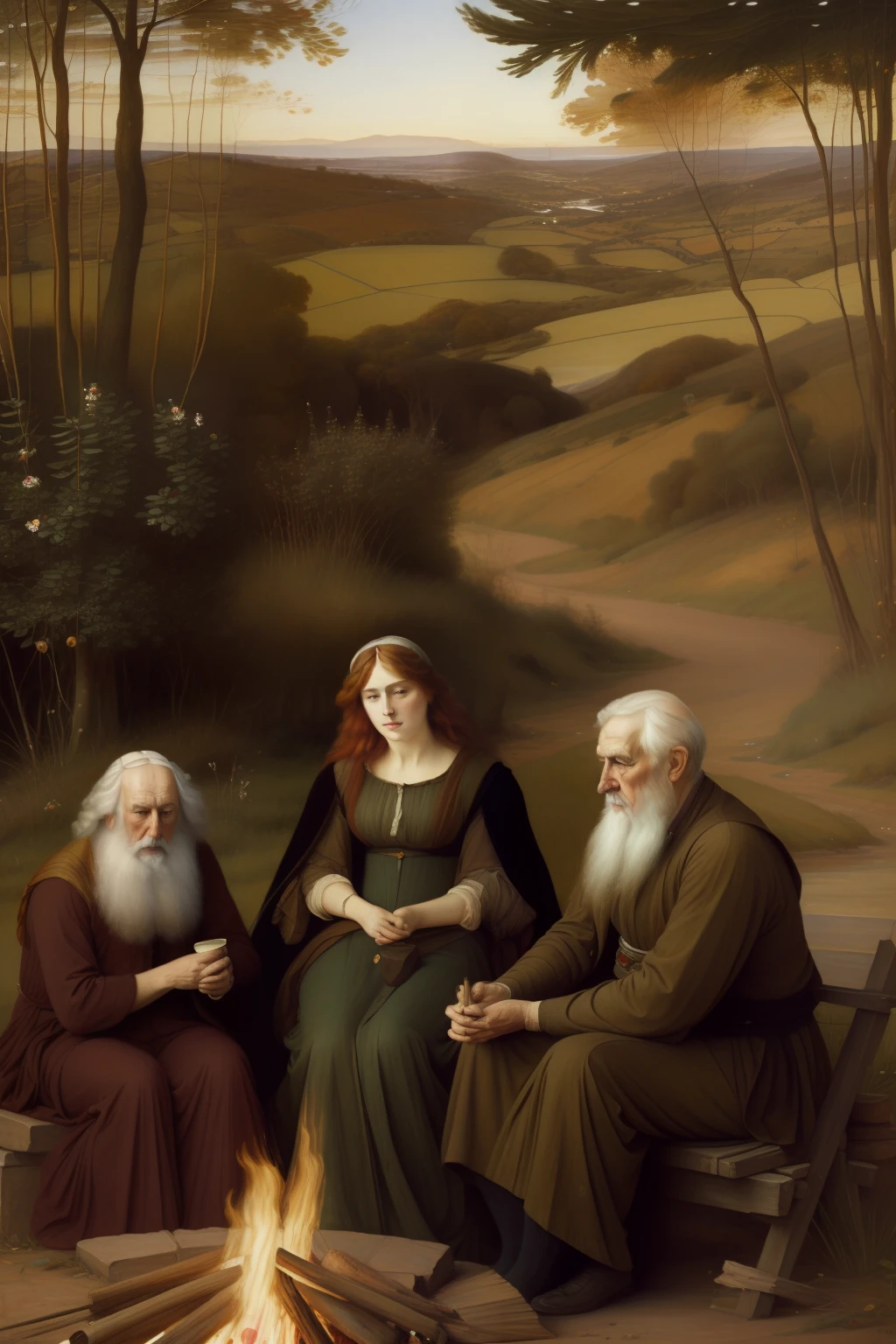 (((Pre-Raphaelite painting))) Three old men in front of a campfire, inverno, Ramos de azevinho, Celta.