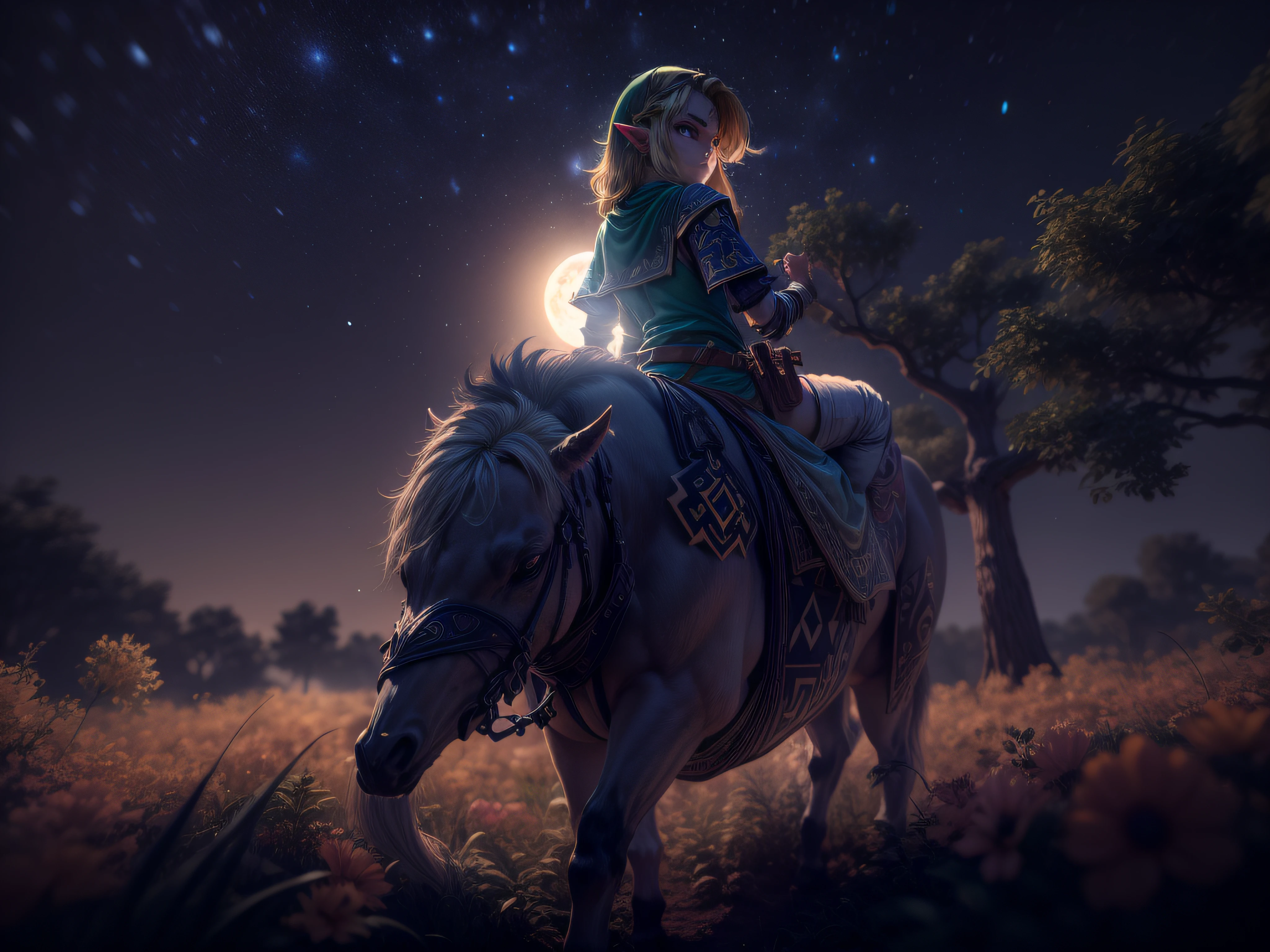 A aparência imponente de Link do game the legend of zelda, menacing stare, ricamente detalhado, Hiper realista, 3D-rendering, obra-prima, NVIDIA, RTX, ray-traced, Bokeh, Night sky with a huge and beautiful full moon, estrelas brilhando,