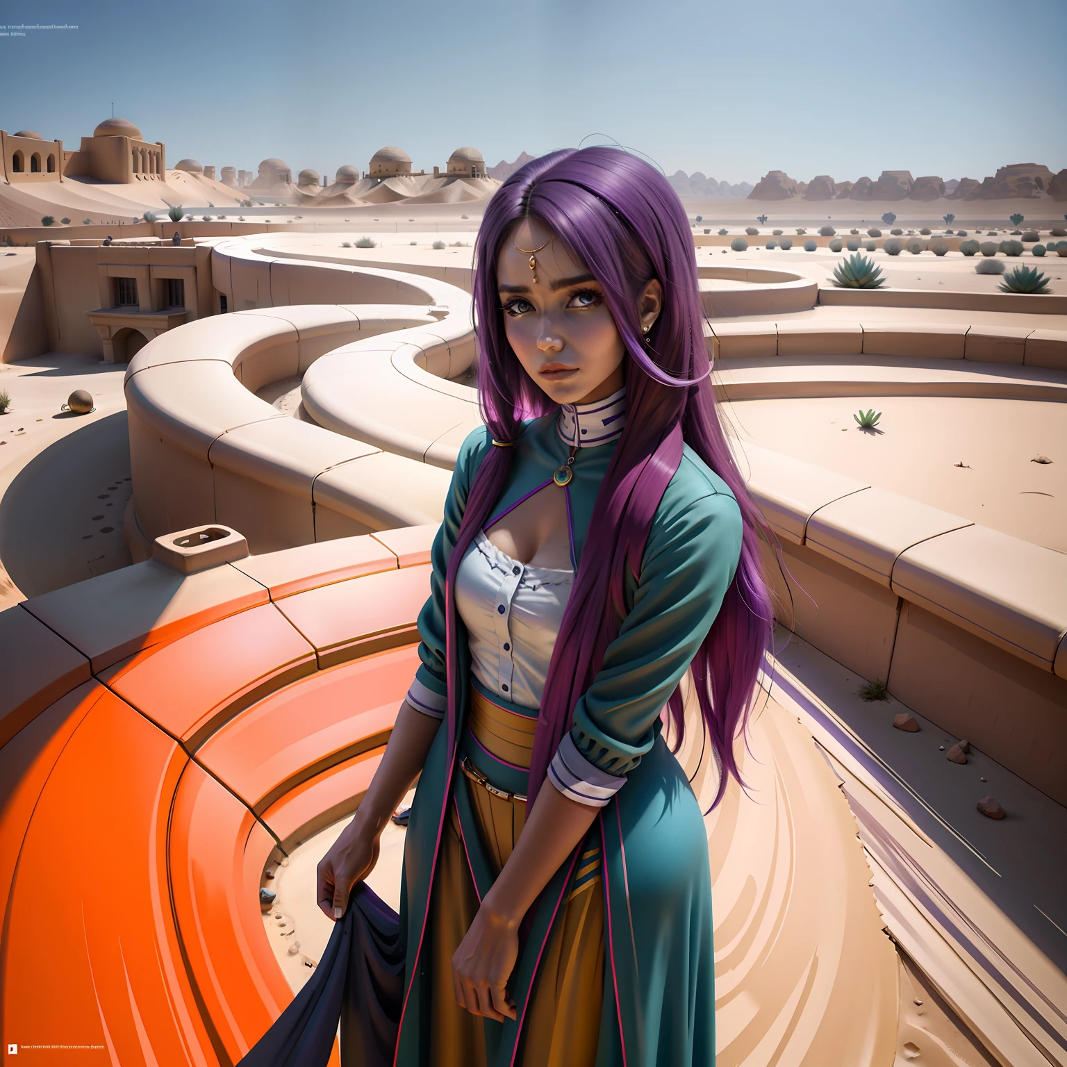 chica de cuerpo entero vestida de oficina su cabello es de color violeta camina pensatica por un palacio del desierto