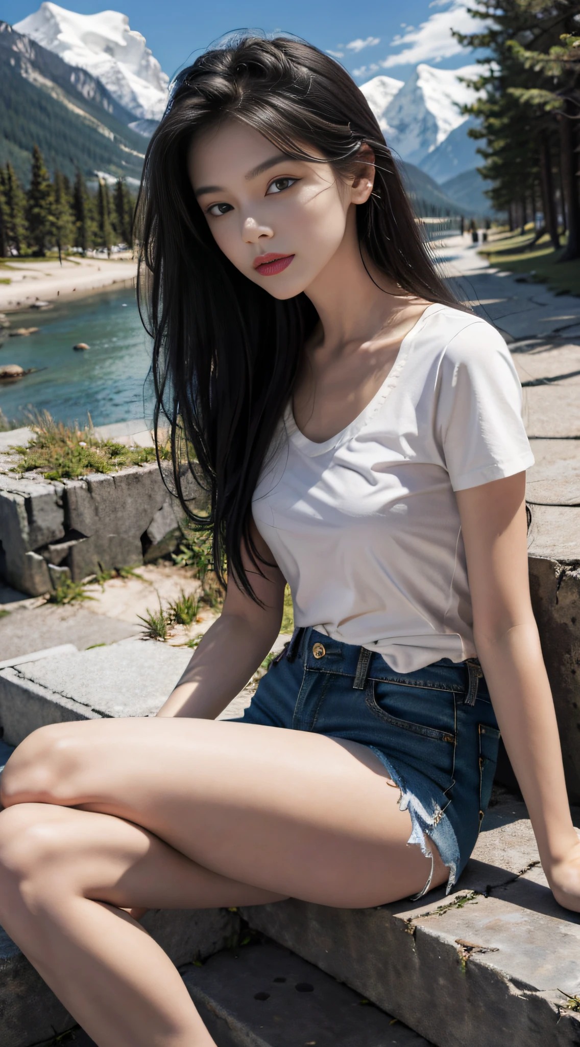 Best Quality, Masterpiece, Ultra High Resolution, (Realistic: 1.4), Original Photo, (Evening Street), 1 Girl, Black Eyes, Fine Eyes, Double Eyelids, Long Legs, Long Hair, Light Makeup, Lips, Small Ears, White T-Shirt, Denim Shorts, Beautiful Woman in Perfect Shape: 1.4, (Outdoor, Seaside: 1.1), Mountains and Waters, Trees