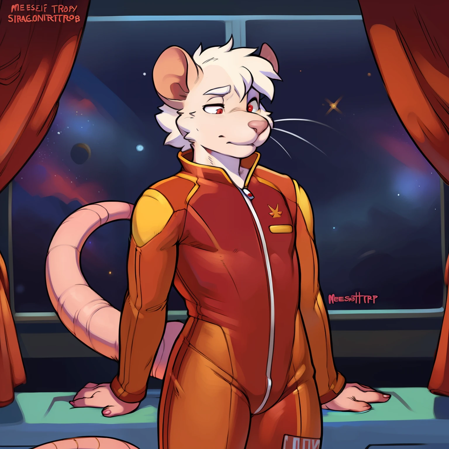 Solo, male, standing, space, spaceship, window, (((rat))), pink nose, short hair, white hair, skrunkly, stinky, smelly, crooked whiskers, messy fur, dirty fur, messy hair, (((by meesh, by glitter trap boy, by inu-sama, by chelodoy))), red (((spacesuit))), slim, skinny, short, small, weak, pathetic, flimsy, white fur, albino, albinism, red eyes