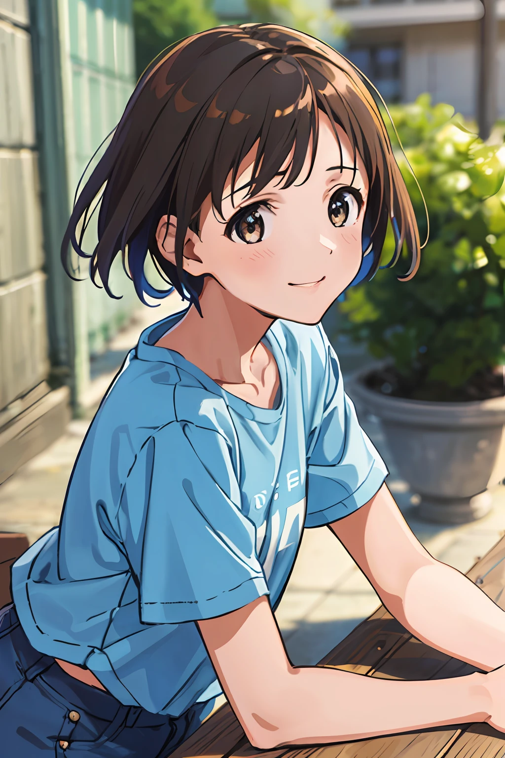 (highres, best quality:1.2), 1girl, radiance, soft contours, beautiful drawing, upper body, concept art, eyelashes, kyoani hyouka style, detailed background, bright colors, miyafuji yoshika, 1girl, outdoors, park, (short hair), smile, blue t-shirt, denim shorts,