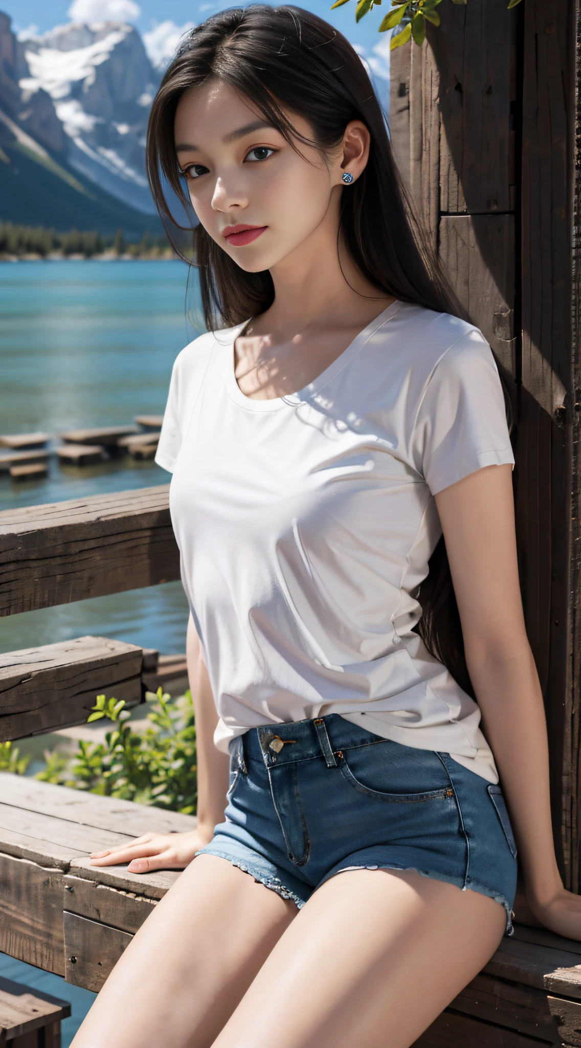 Best Quality, Masterpiece, Ultra High Resolution, (Realistic: 1.4), Original Photo, (Evening Street), 1 Girl, Black Eyes, Fine Eyes, Double Eyelids, Long Legs, Long Hair, Light Makeup, Lips, Small Ears, White T-Shirt, Denim Shorts, Beautiful Woman in Perfect Shape: 1.4, (Outdoor, Seaside: 1.1), Mountains and Waters, Trees