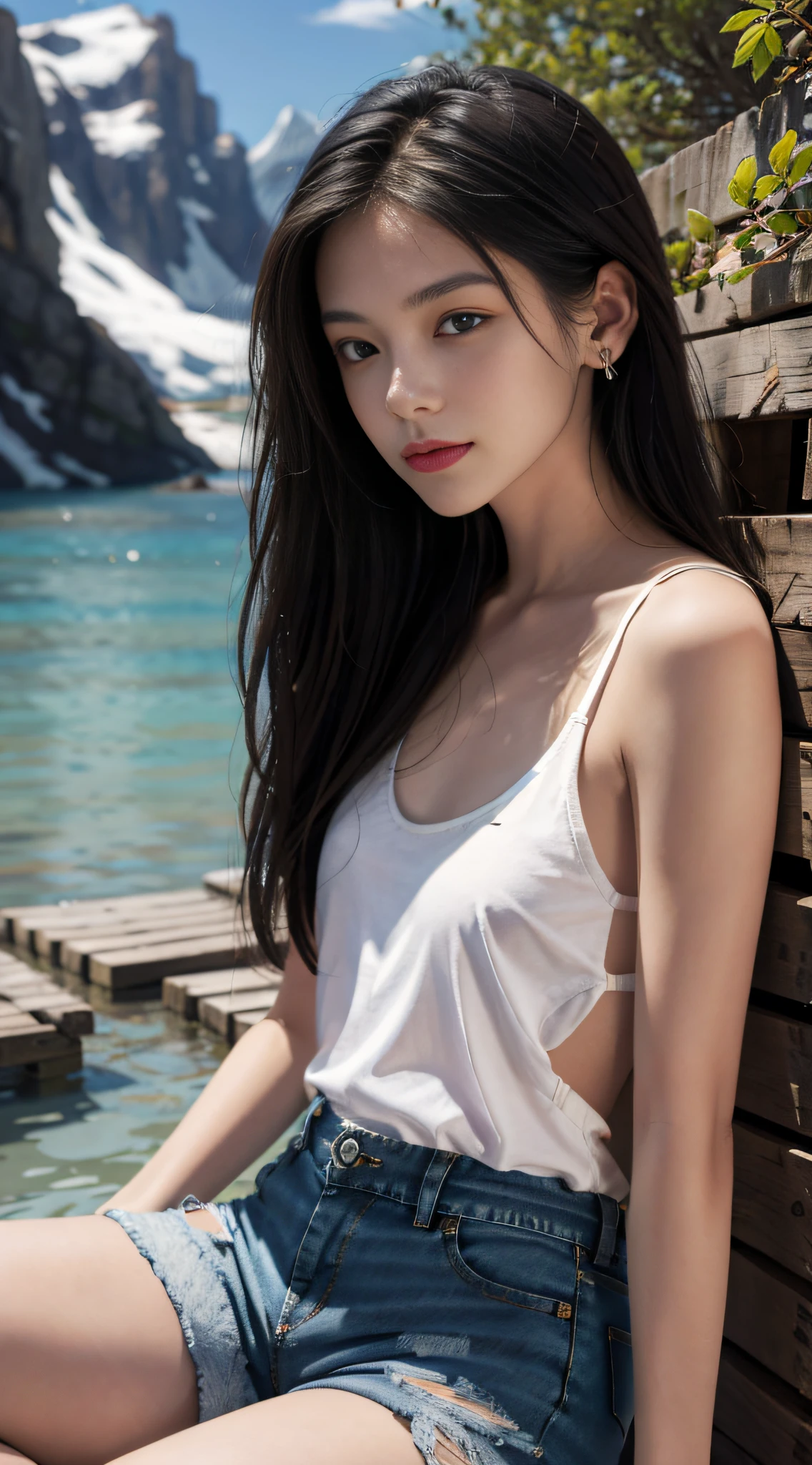 Best Quality, Masterpiece, Ultra High Resolution, (Realistic: 1.4), Original Photo, (Evening Street), 1 Girl, Black Eyes, Fine Eyes, Double Eyelids, Long Legs, Long Hair, Light Makeup, Lips, Small Ears, White T-Shirt, Denim Shorts, Beautiful Woman in Perfect Shape: 1.4, (Outdoor, Seaside: 1.1), Mountains and Waters, Trees