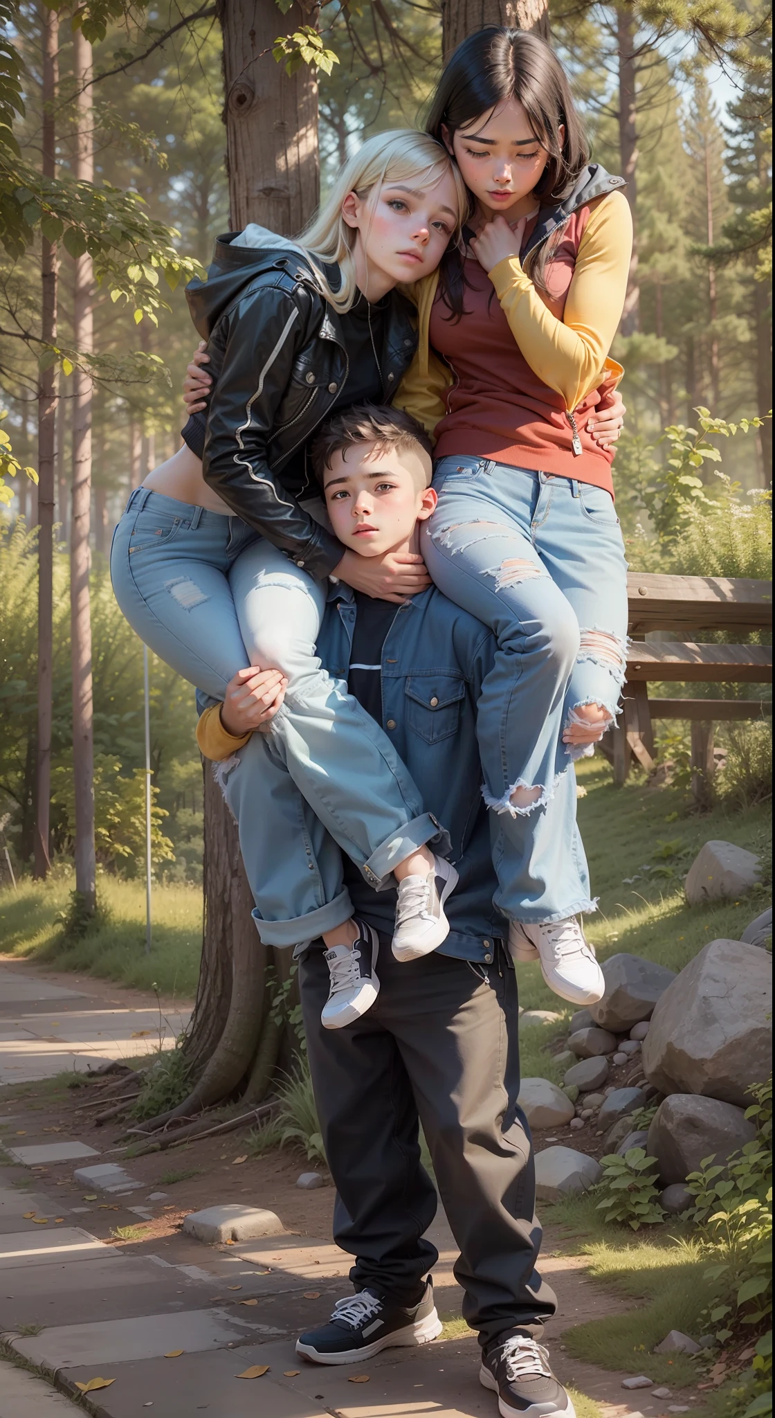 -yeld boifting two beautiful women wearing jeans and jackets