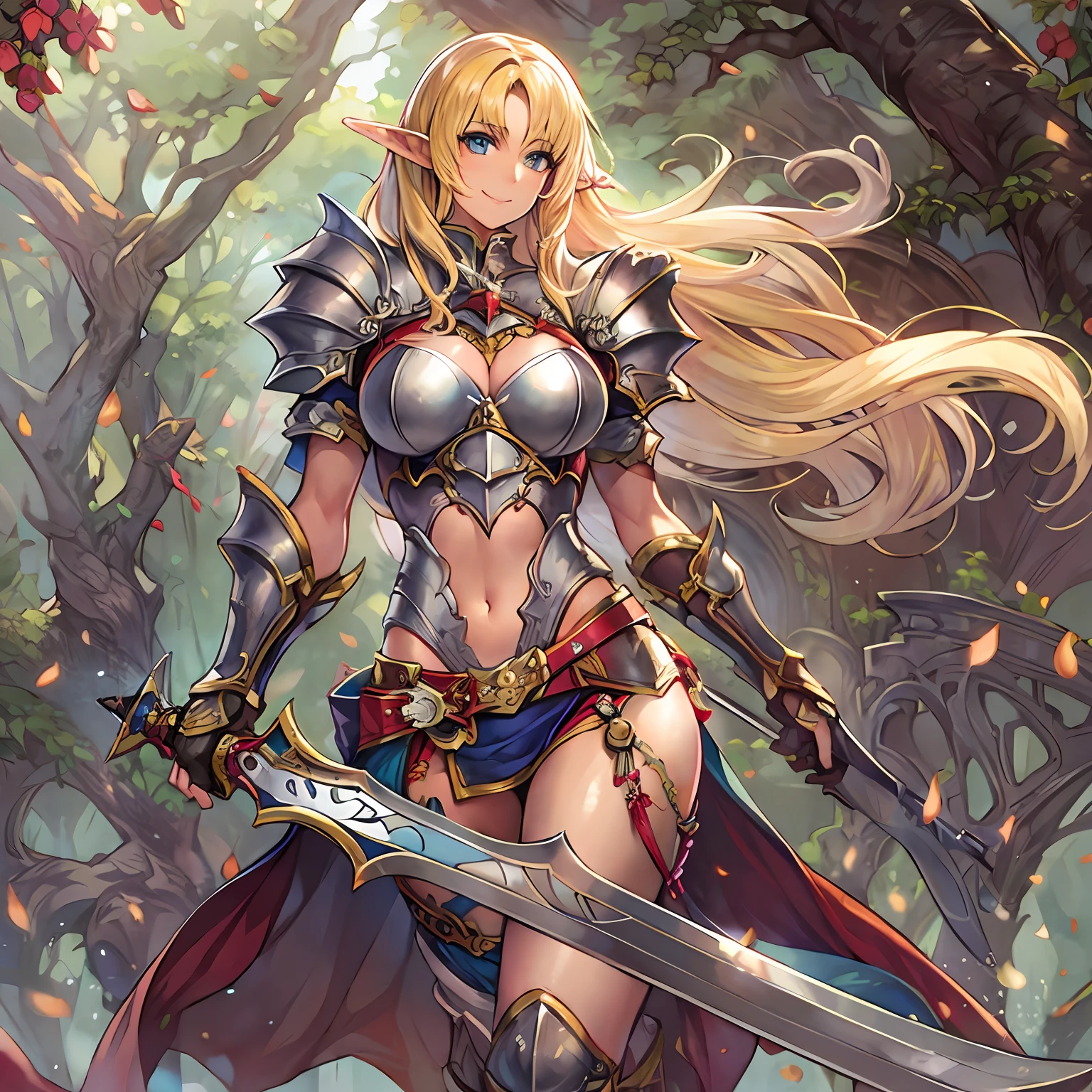 Elven knight, fantasy, plate gauntlets, plate greaves, butt cape, blonde hair, smiling, large sword, action pose, bikini armor, pasties, busty, plate boots, delicate, soft features, beautiful detailed face, shiny skin, elegant, beautiful, hair is upswept updo, thick thighs, large ass, large breasts:1.3, upper body
