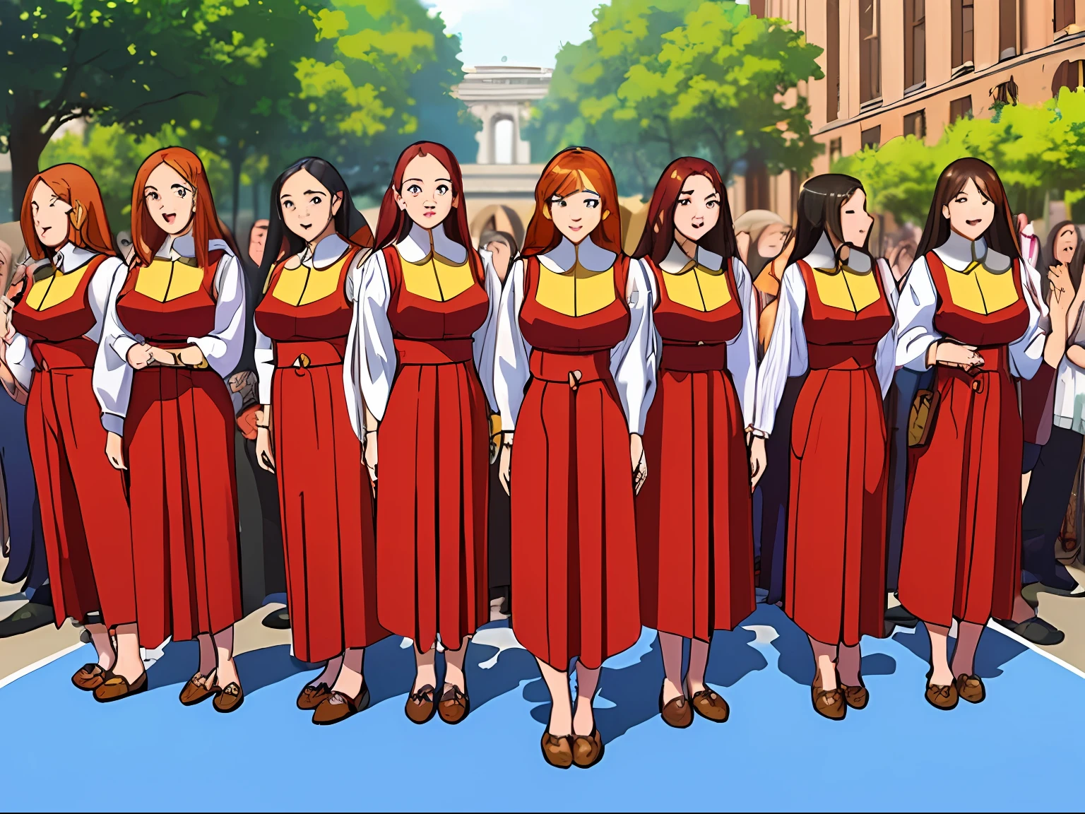 (masterpiece, best quality:1.2), ((large group, +100girls, sisters, crowd shot)), smile, looking at viewer, casual clothes, matching outfits, identical outfits, full body, park