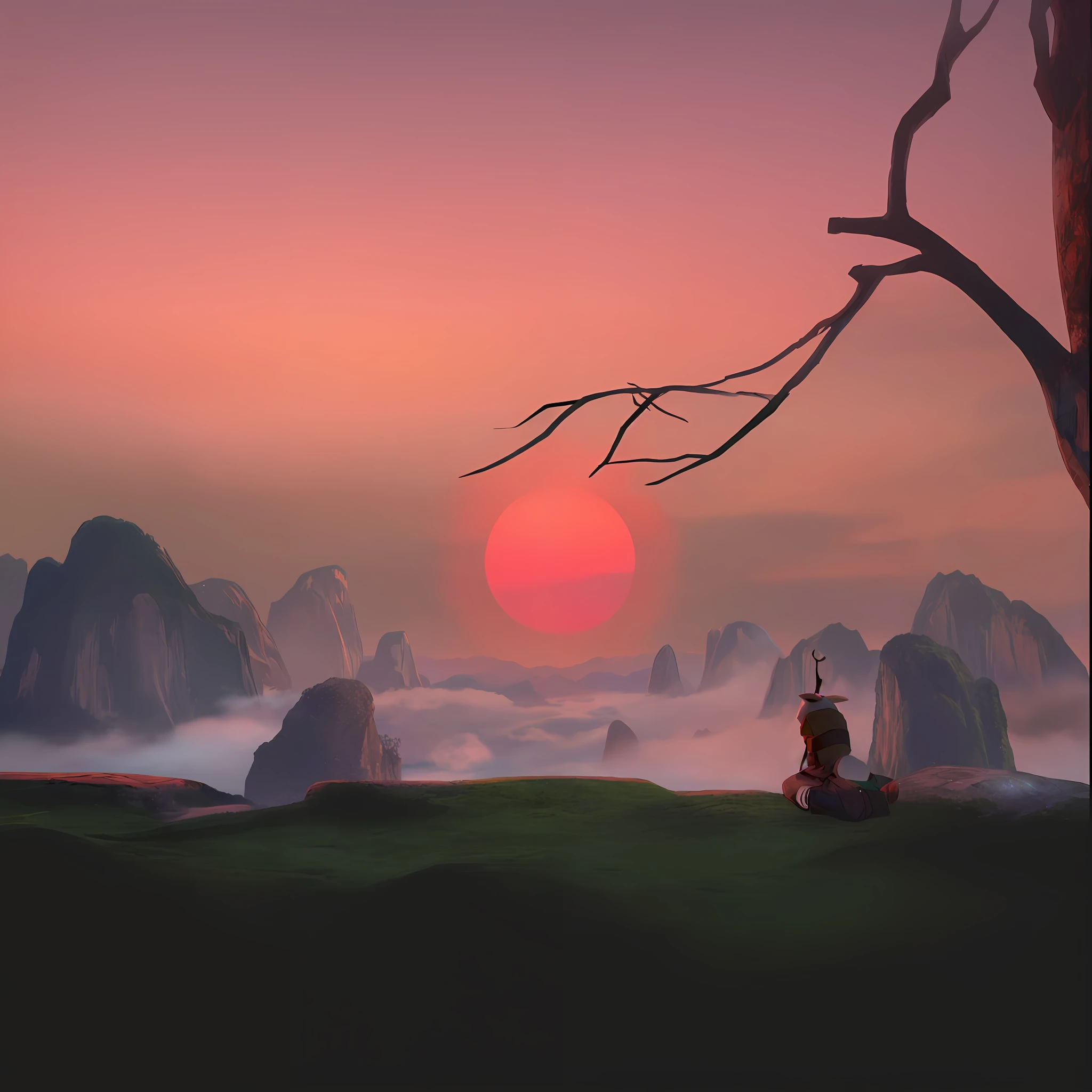 There is a man sitting on a rock overlooking a mountain, legend of korra setting, Sunset!, sunset in the background, cena visualmente impressionante, estabelecendo tiro, cena quente e bonita, pintura fosca arcano dota pixar, Sunset, Pintura fosca soft focus, nascer do sol, Mulan, paisagem do avatar, random background scene, setting sun, filme animado filmado, pintura fosca"