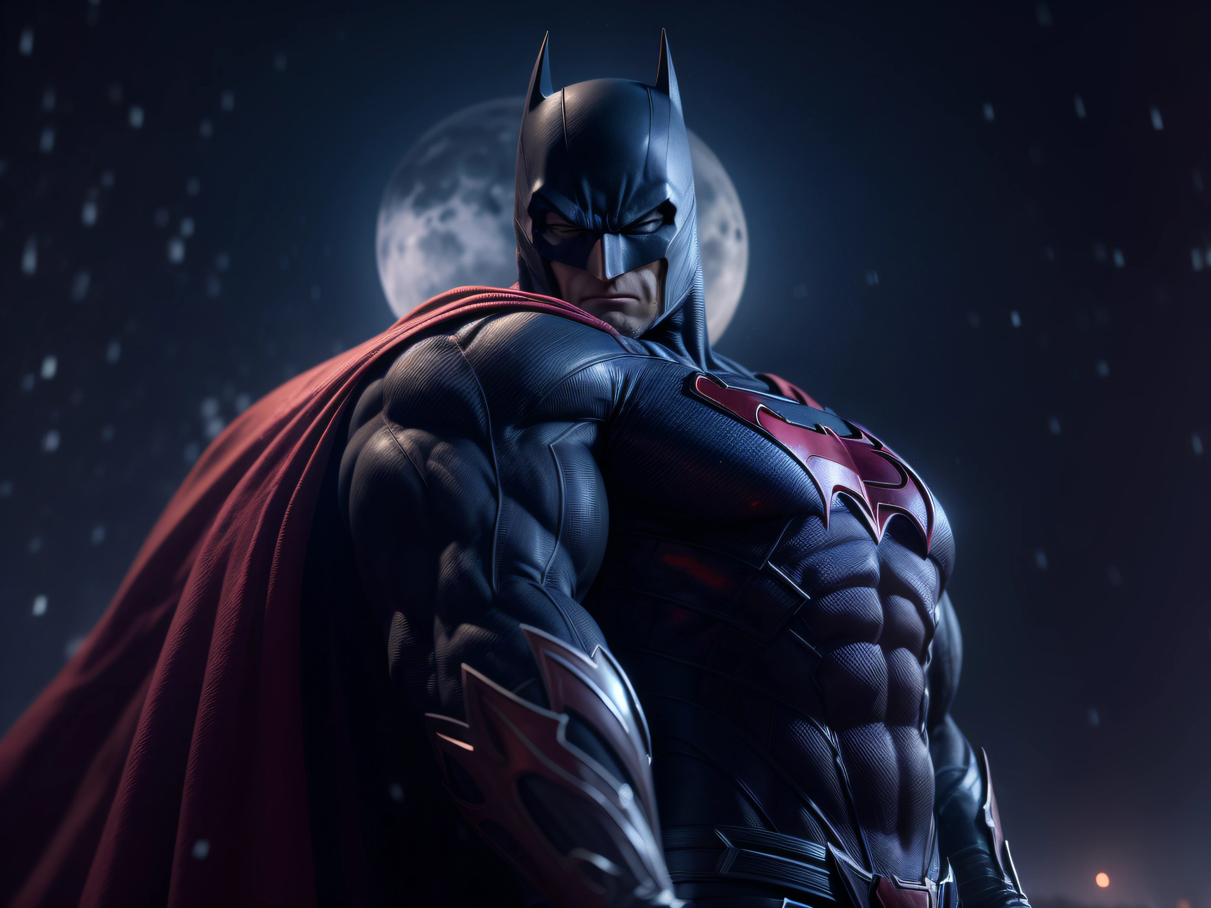 Close a powerful threat, The imposing appearance of the Batrman facing the mighty Superman, menacing stare, ricamente detalhado, Hiper realista, 3D-rendering, obra-prima, NVIDIA, RTX, ray-traced, Bokeh, Night sky with a huge and beautiful full moon, estrelas brilhando,
