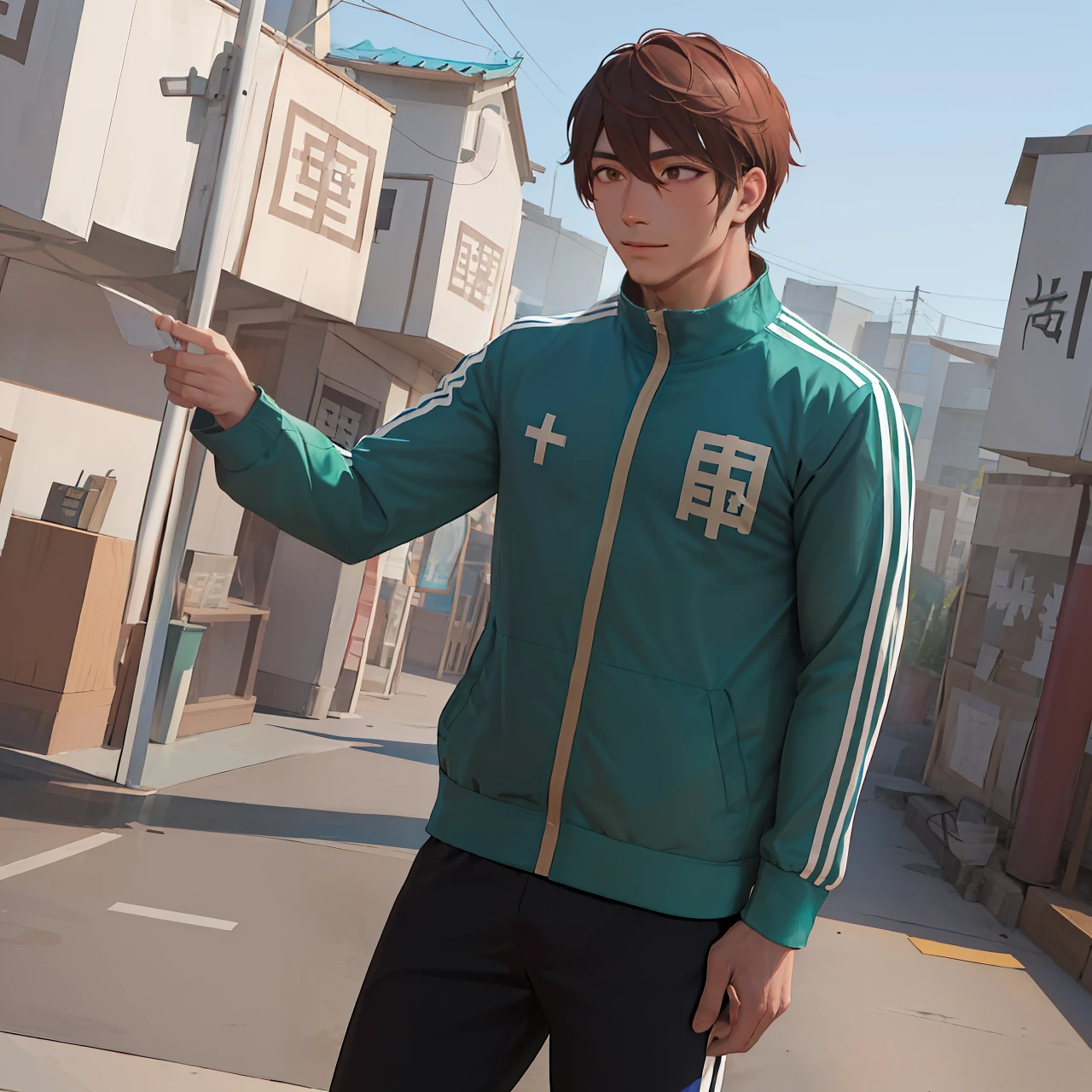 1homem, Chinese muscular man, cabelo curto, fazer um punho, olhando para o espectador, (zhongguo_jacket:1.2), men's sports pants, regata branca