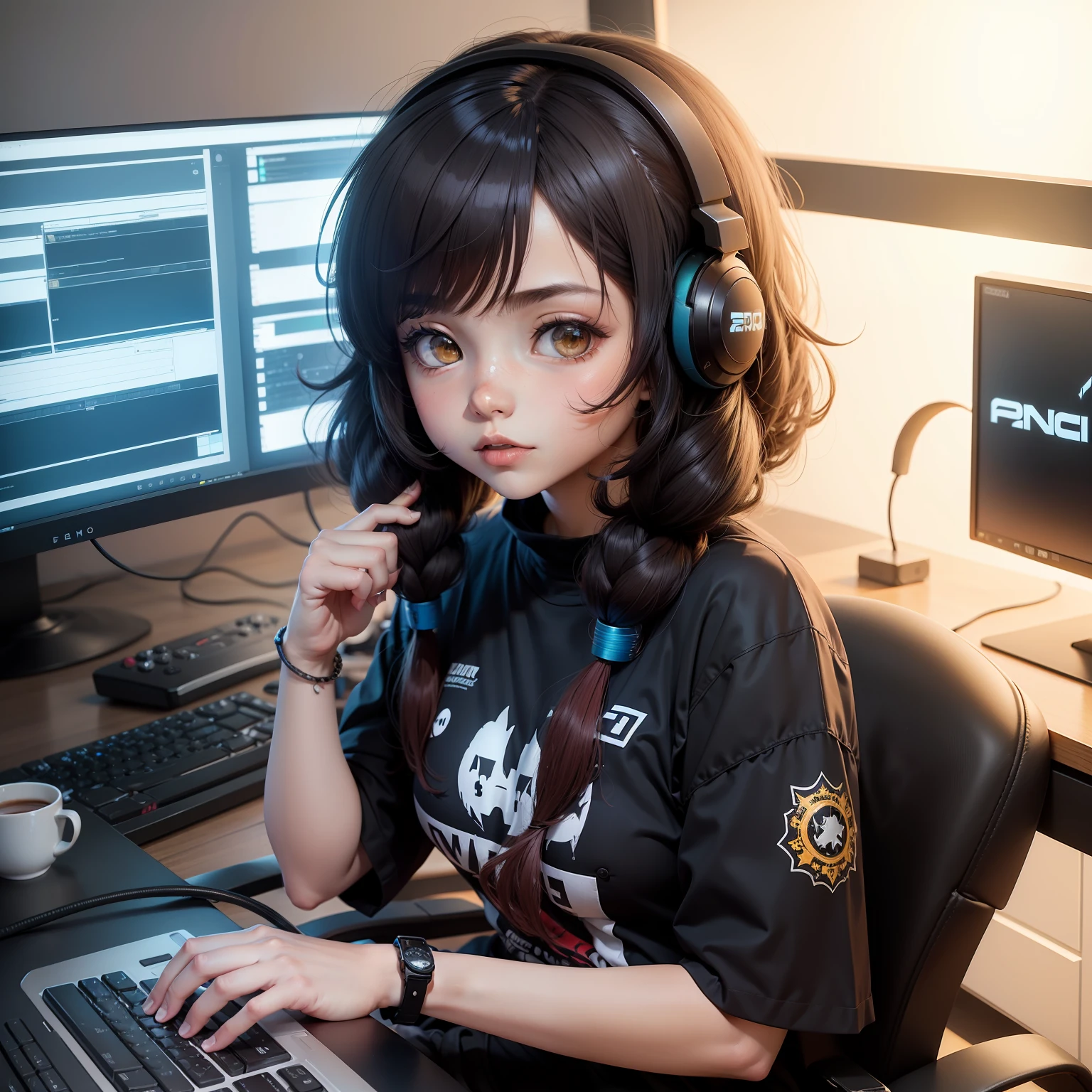 menina gamer, anime gamer, manina programadora, menina cabelo curto,cabelo escuro, cabelo castanho escuro, franja,cabelo com franja curto, tecnologia, programming, gamer, olhos pretos, cabelo curto e franja curta