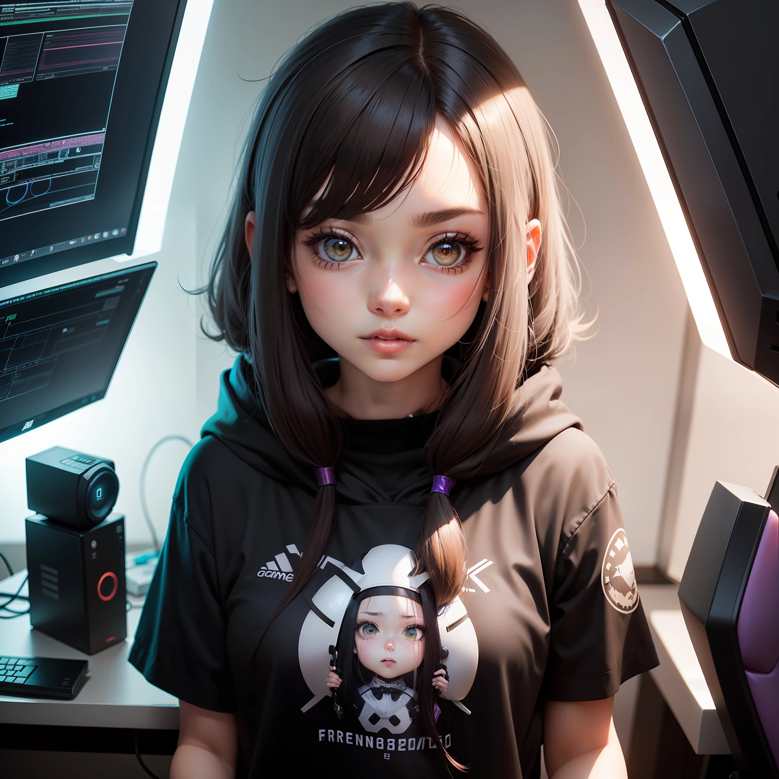 menina gamer, anime gamer, manina programadora, menina cabelo curto,cabelo escuro, cabelo castanho escuro, franja,cabelo com franja curto, tecnologia, programming, gamer, olhos pretos, cabelo curto e franja curta