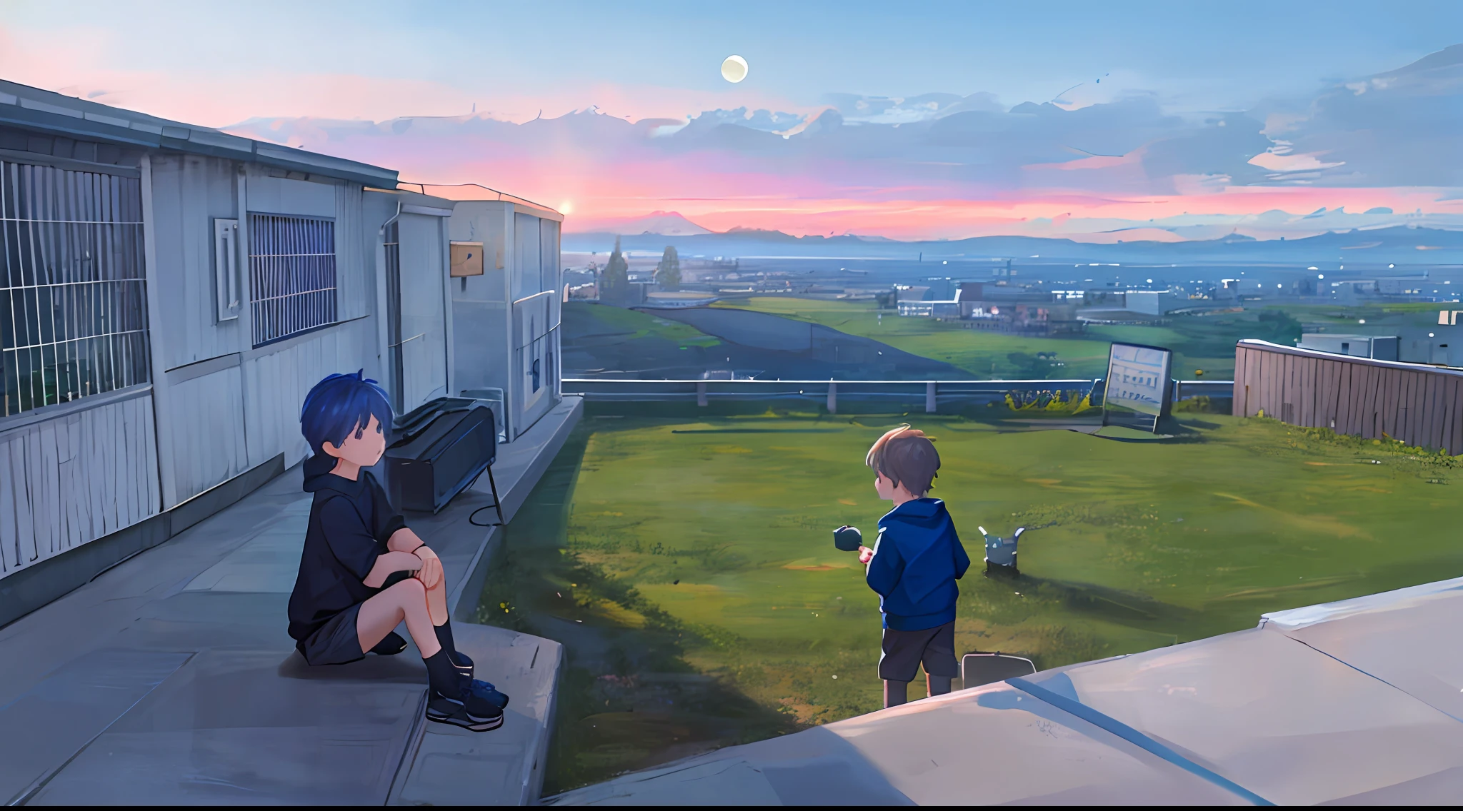 Handsome boy in sweatshirt(Cartoon feel)Sit on the roof,looking at the distance(themoon,rays of moonlight,moonlight)(Clouds, Blue sky, Sunset)Grief and thinking about life(grieves)Depressed(There is a sense of picture)Good effect,Nice background and beautiful scenery,The picture has a sense of color,The littlequatted next to him with a small pet(Loving)Strong sense of picture,Picture harmony,Impeccable