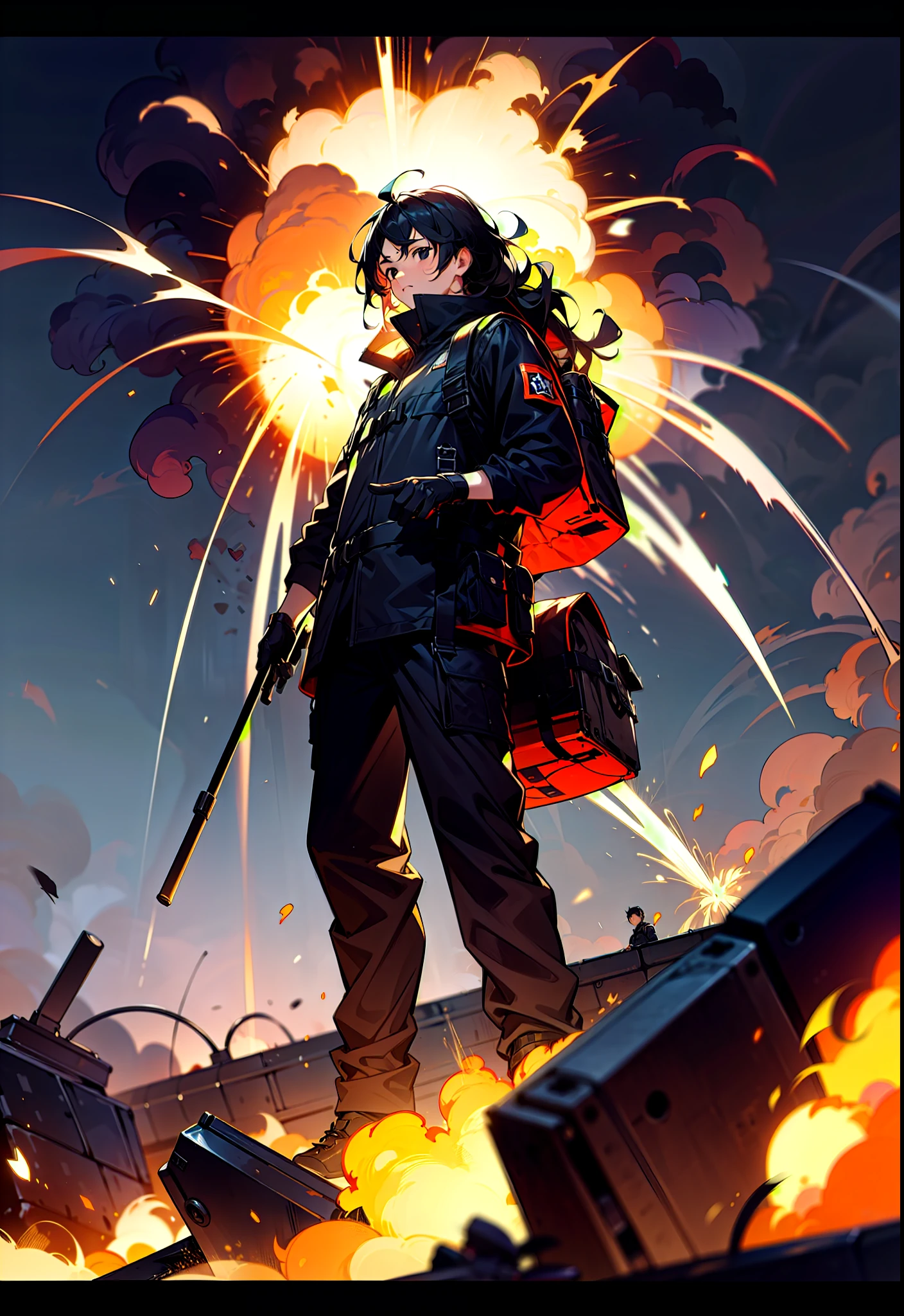 Young man, , black eyes, mid length hair, wavy hair, black hair, black techwear, protective clothing, cool, explosions in background, war, shots, backpack, black gloves