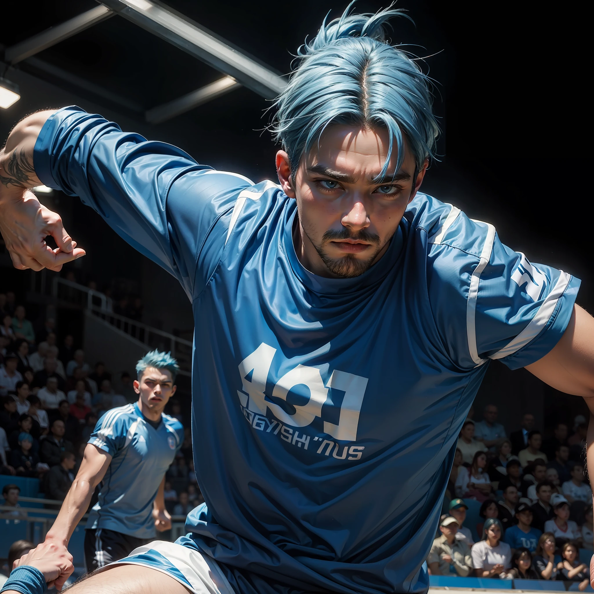 (ultra realistic, masterpiece) a man ((blue hair)) wearing sport clothes playing volley (blue lightining), ((masculine)), male, androgynous