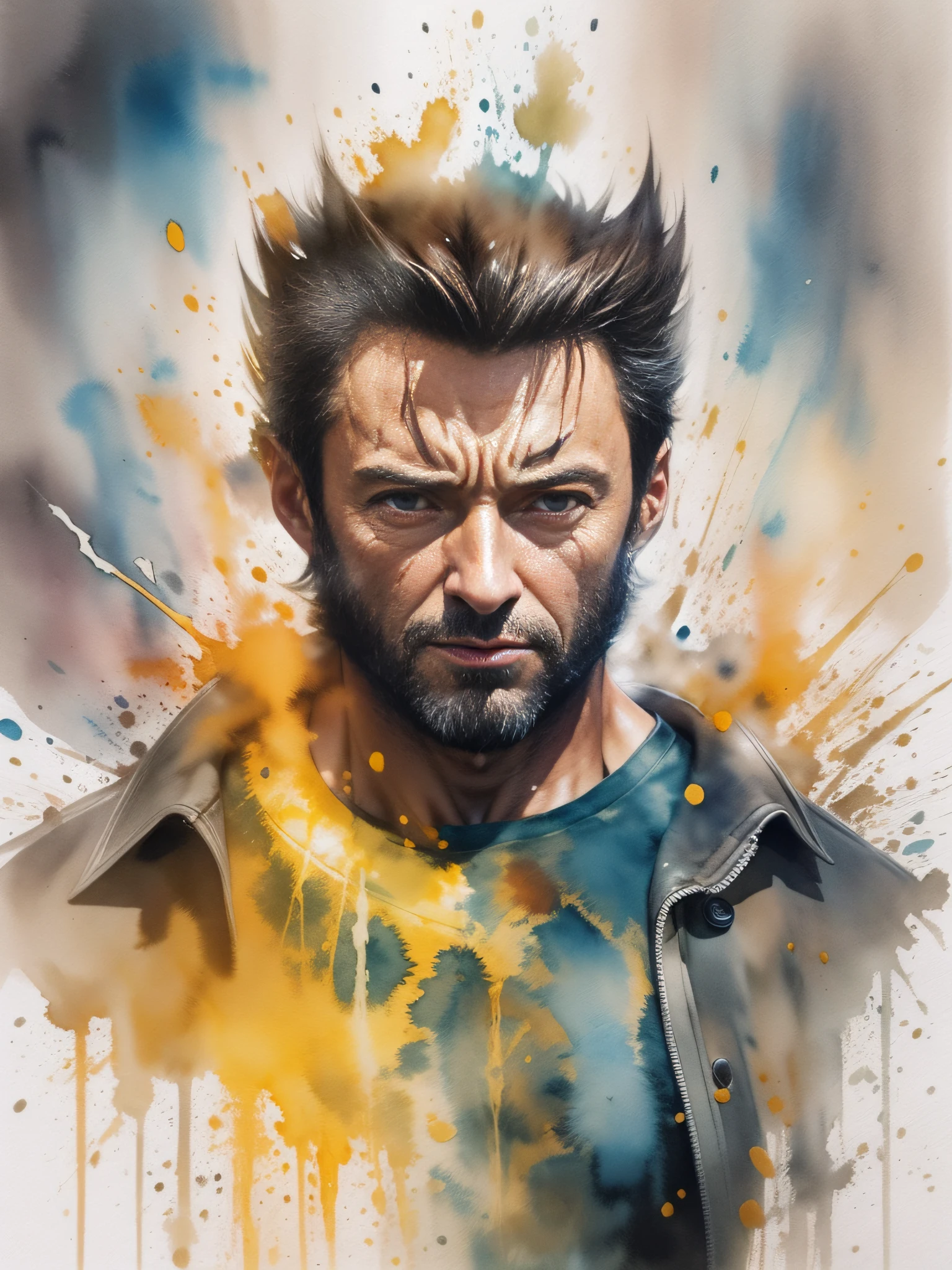 In this captivating watercolor art, Hugh Jackman's Wolverine X-man, charisma bursts forth in splashes of color. The dynamic watercolors capture his versatile talent and striking presence, creating an exquisite portrait