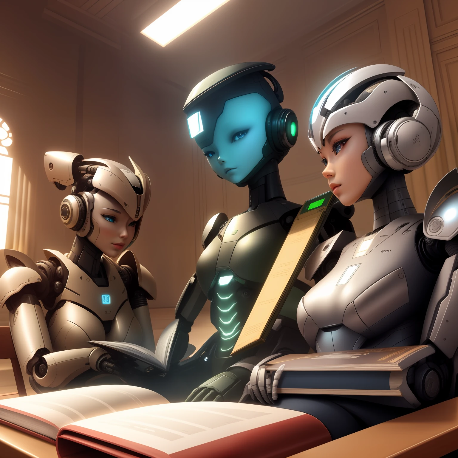 Various humanoid robots, lendo livros , mesa redonda, sala bem iluminada, foto realistica, 4k, foto bela, alta qualidade
