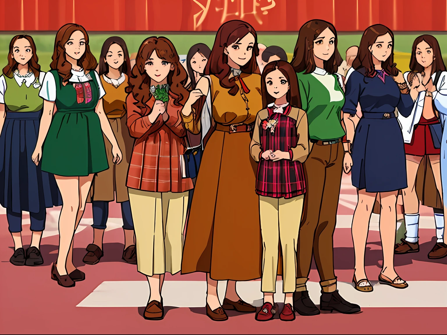 (masterpiece, best quality:1.2), ((large group, +100girls, sisters, crowd shot)), smile, looking at viewer, brown hair, long hair, curly hair, casual clothes, matching outfits, identical outfits, full body, park