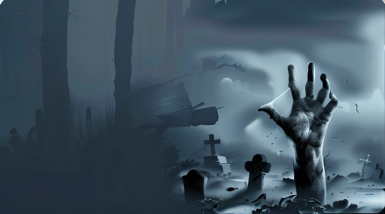 Hand extended from a grave in a cemetery, zumbi saindo de uma tumba, graveyard background, fundo de pressentimento, Dark cemetery scene, fundo assustador, fundo assombrado, Vale do fundo maldito, arte de fundo, cemetery landscape, atmosfera assustadora e assustadora, arm reaching out of thick fog, creepy and dramatic atmosphere, eerie nostalgic concept art